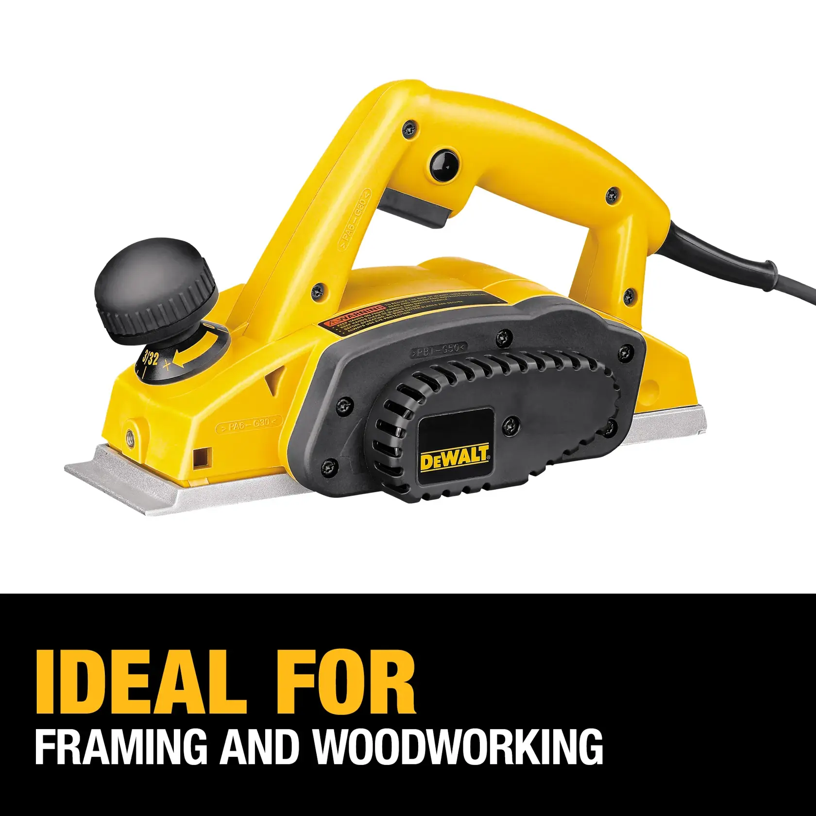 A yellow DEWALT electric hand planer, model DW680K, shown on a white background with the text 'Ideal for framing and woodworking' in yellow and white letters.