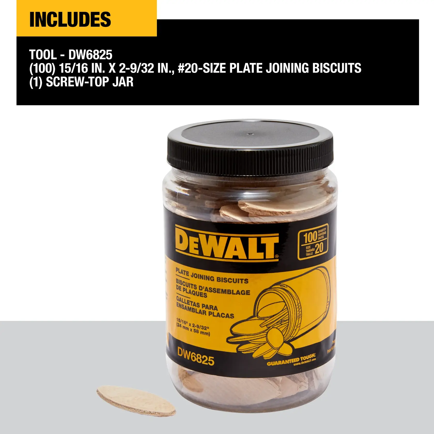 A jar of DEWALT plate joining biscuits, model DW6825, shown with the lid screwed on and one biscuit outside the jar. The label indicates it contains 100 #20-size plate joining biscuits, 15/16 inch by 2-9/32 inch, for woodworking.