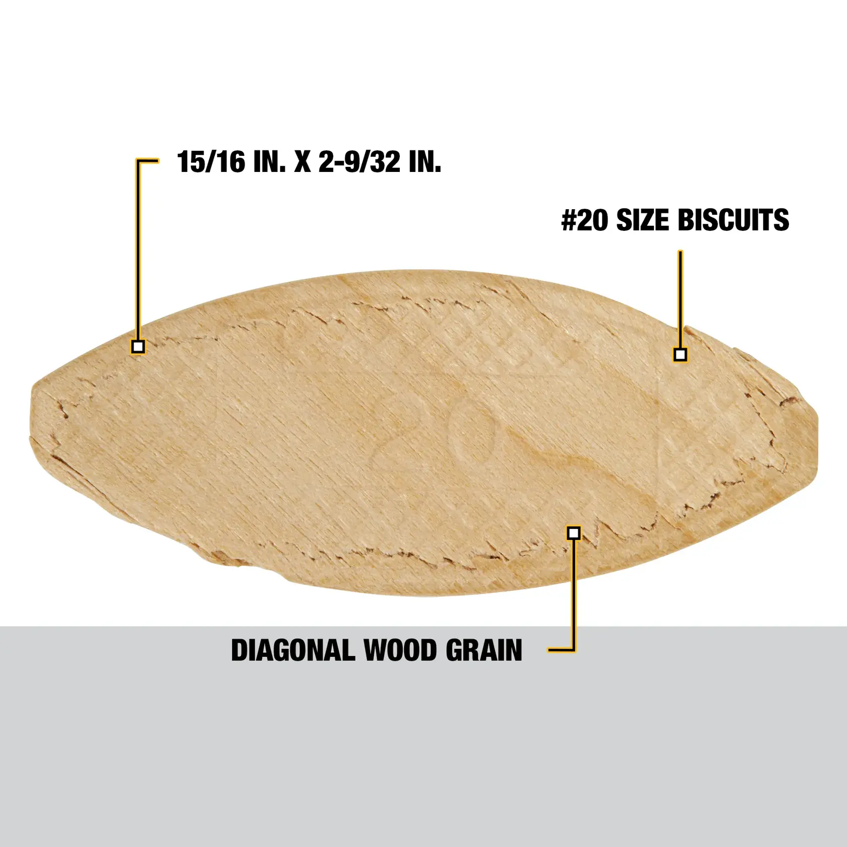 Image showing a DEWALT #20 size wood biscuit with dimensions of 15/16 inch by 2-9/32 inch. The wood grain is diagonal.