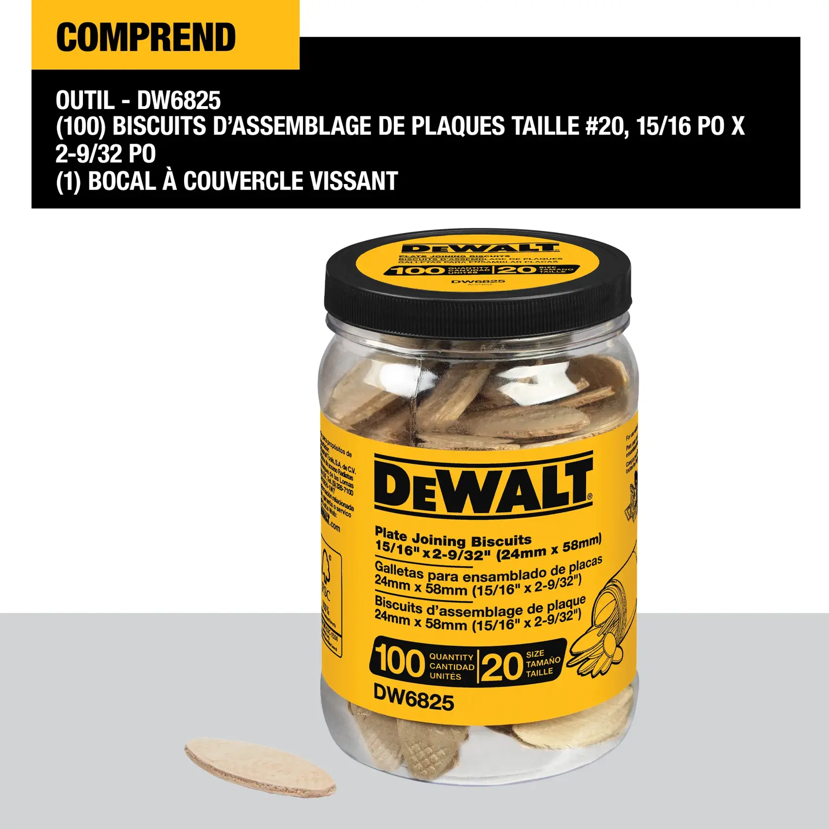 A jar of DEWALT plate joining biscuits, model DW6825, shown with the lid screwed on and one biscuit outside the jar. The label indicates it contains 100 #20-size plate joining biscuits, 15/16 inch by 2-9/32 inch, for woodworking.