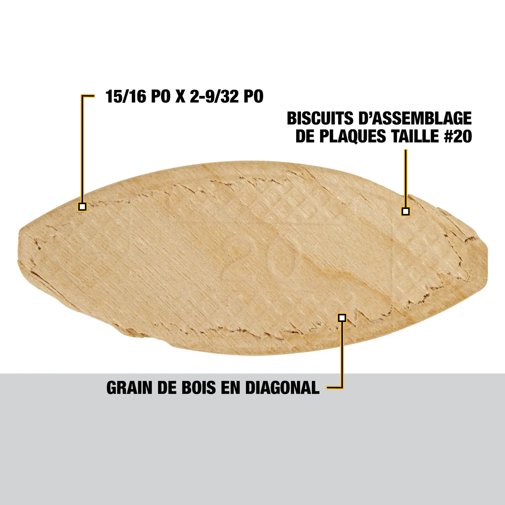 Image showing a DEWALT #20 size wood biscuit with dimensions of 15/16 inch by 2-9/32 inch. The wood grain is diagonal.