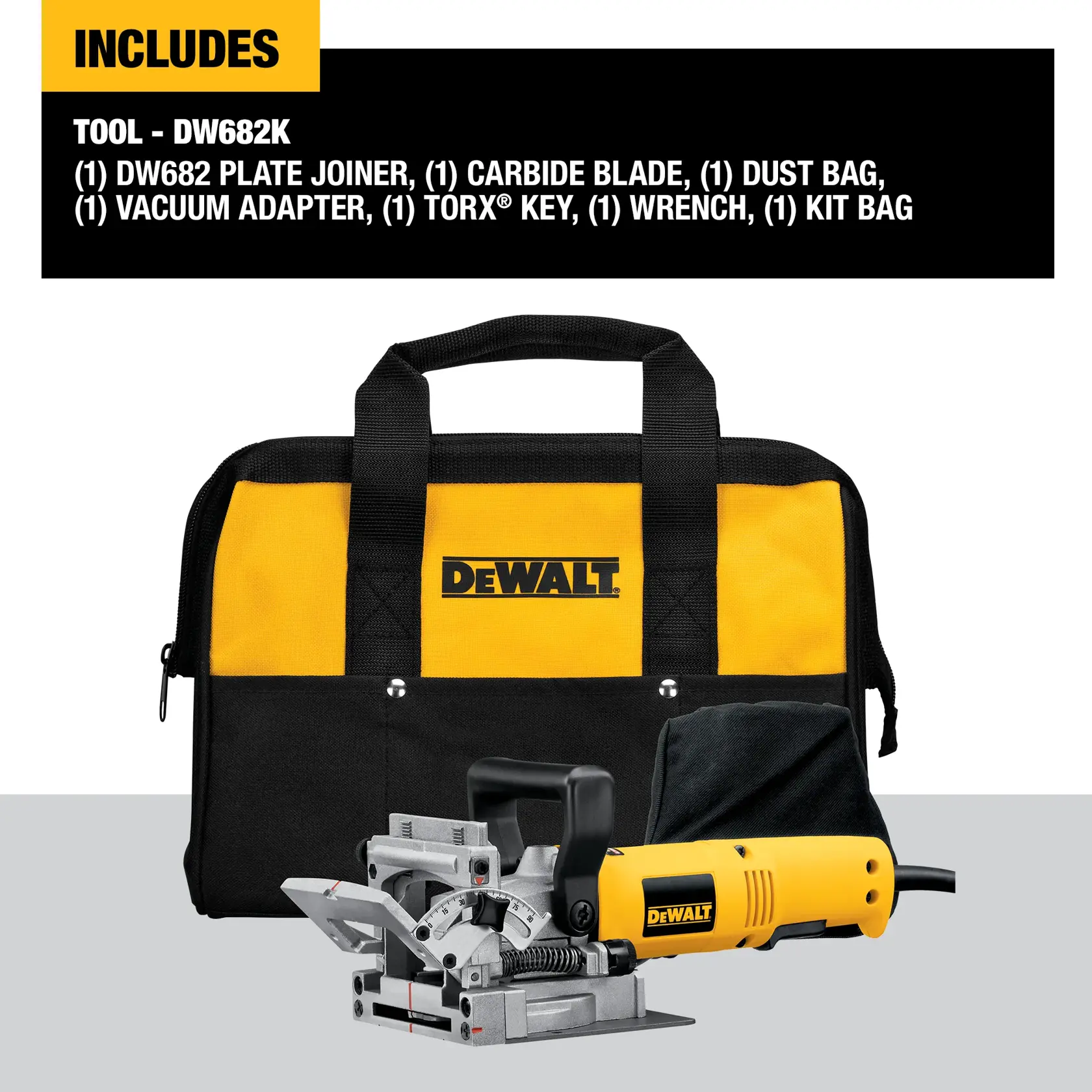 A DEWALT DW682K plate joiner kit is shown, including a yellow and black DEWALT carrying bag, a plate joiner tool, a carbide blade, a dust bag, a vacuum adapter, a Torx key, and a wrench. The bag is positioned behind the tool and accessories.