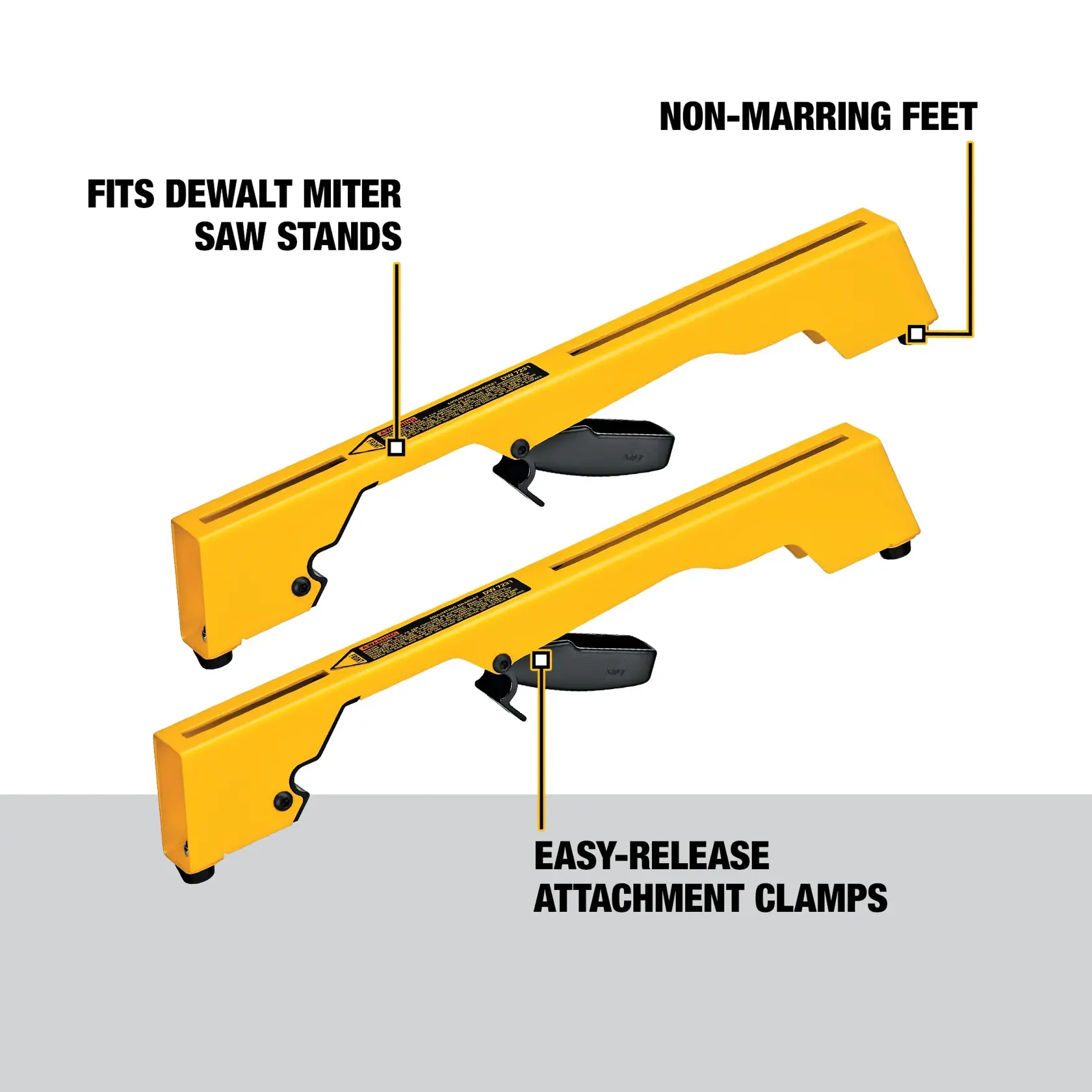 DEWALT DW7231 yellow tool supports with non-marring feet and easy-release clamps for miter saw stands.