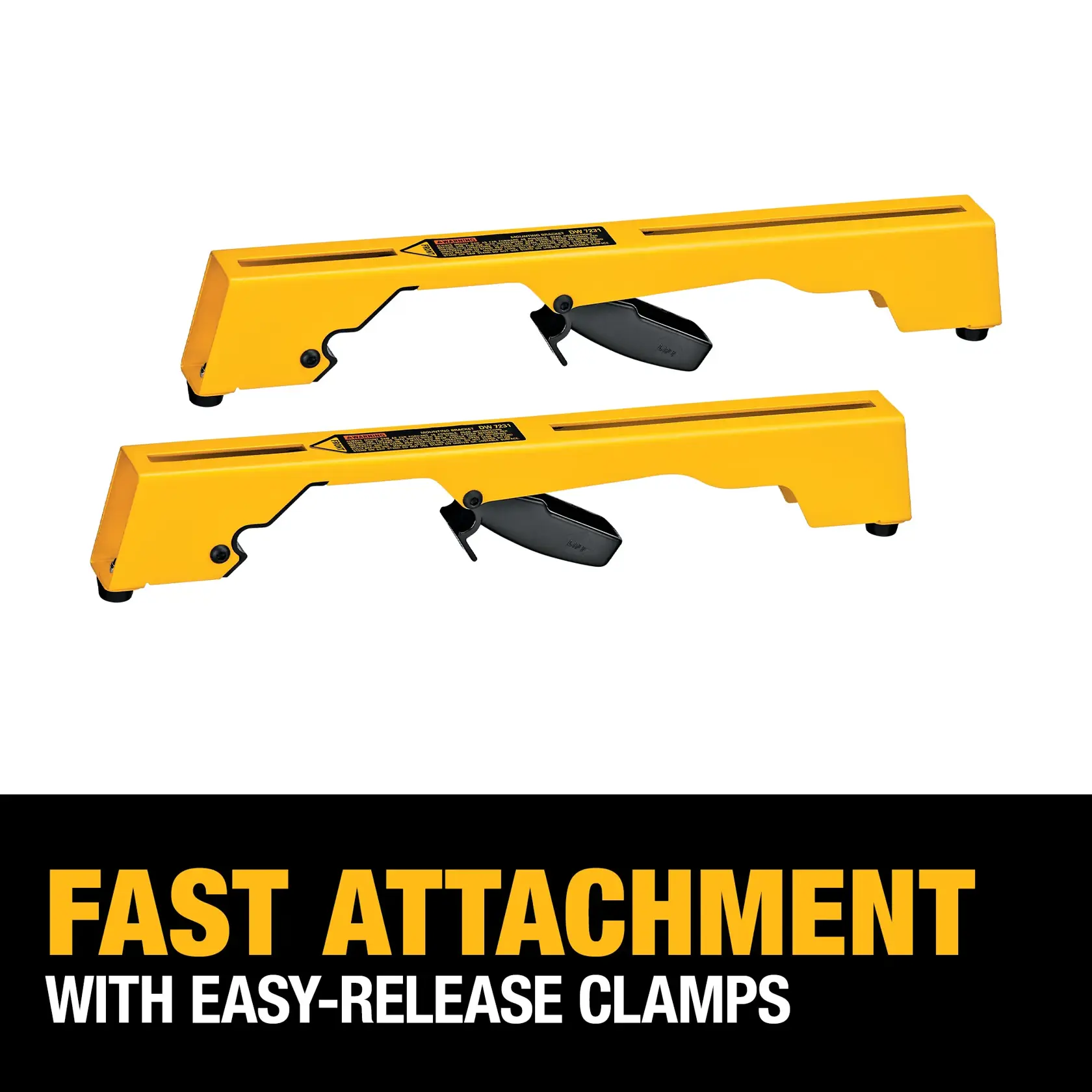 Two yellow DEWALT DW7231 tool attachments with easy-release clamps for fast installation.