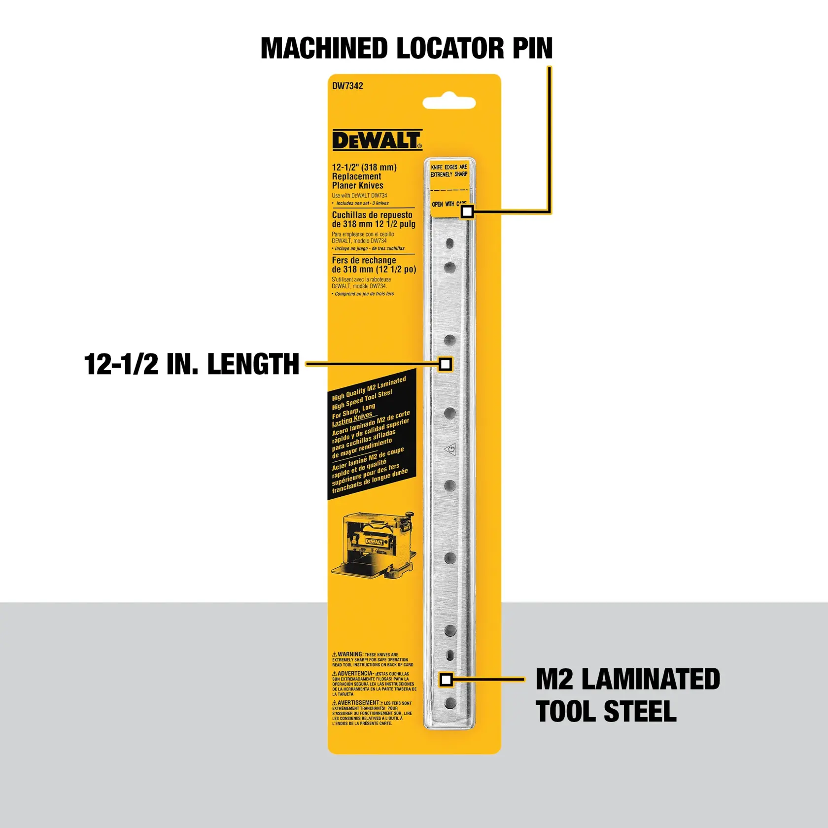 DEWALT DW7342 12-1/2 inch replacement planer knives package, highlighting machined locator pin, 12-1/2 inch length, and M2 laminated tool steel construction.