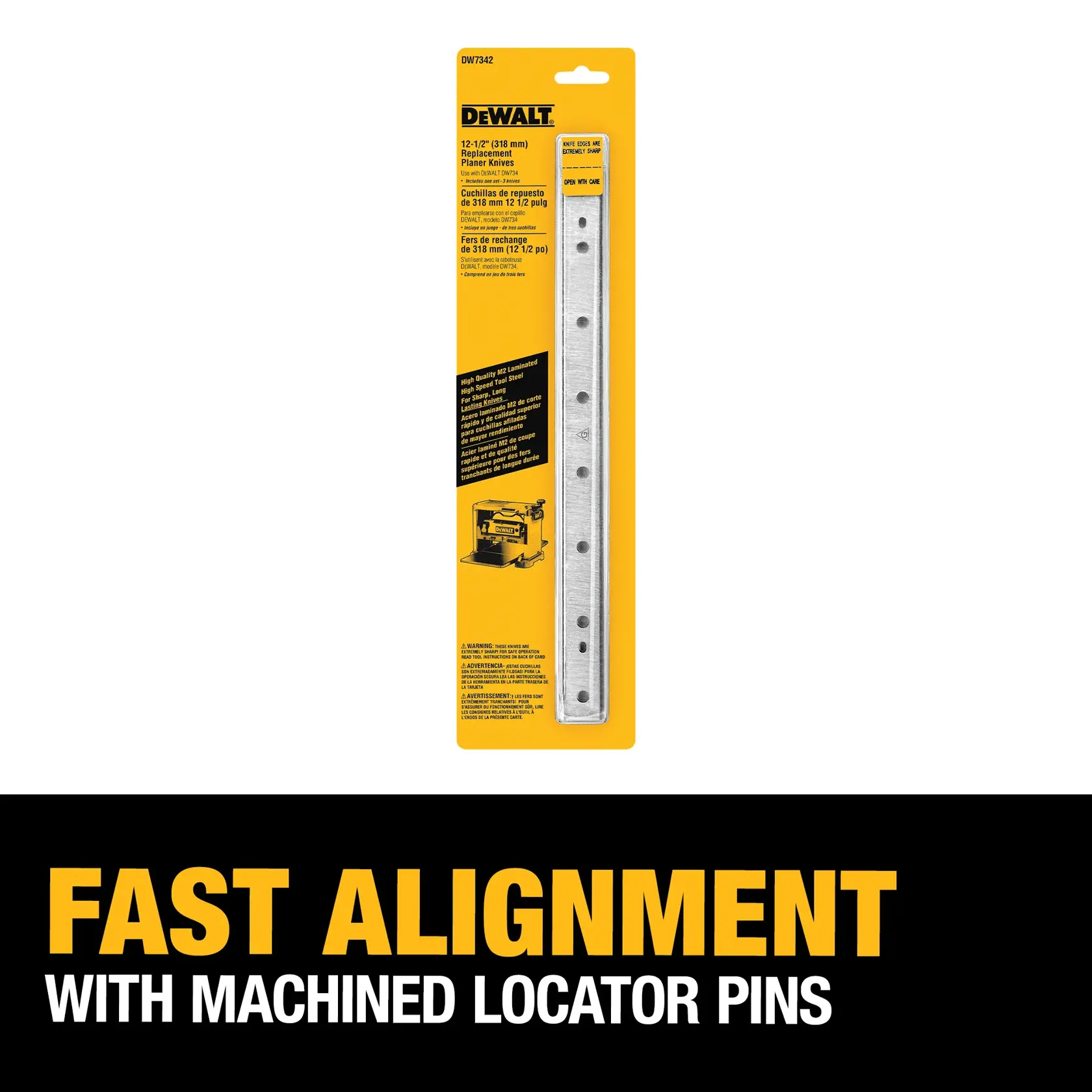 DEWALT DW7342 12-1/2 inch replacement planer knives in packaging, shown on a yellow background. Text below highlights 'FAST ALIGNMENT WITH MACHINED LOCATOR PINS.'