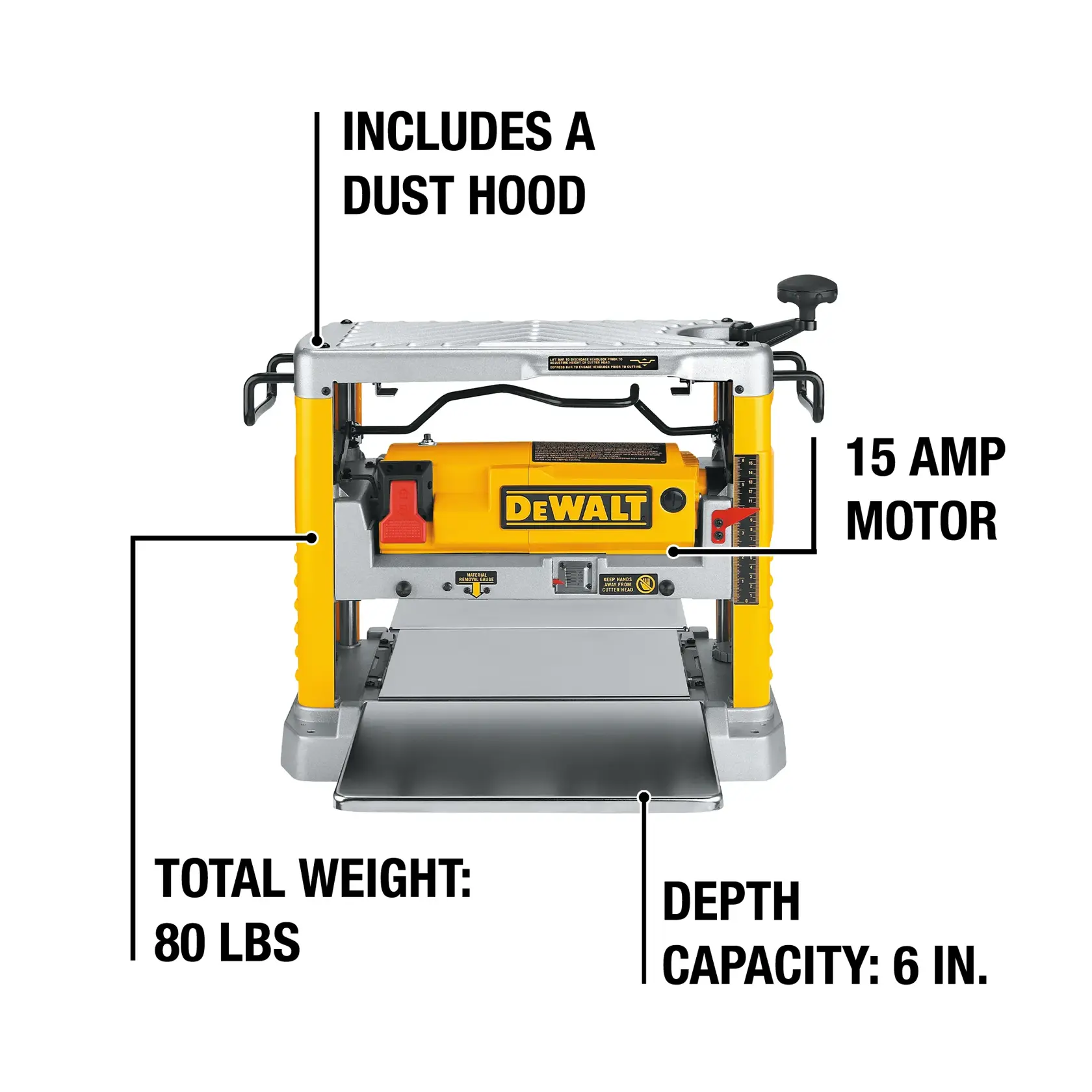 Front view of a DEWALT DW734 woodworking planer with labeled features: includes a dust hood, 15 amp motor, total weight of 80 lbs, and depth capacity of 6 inches.