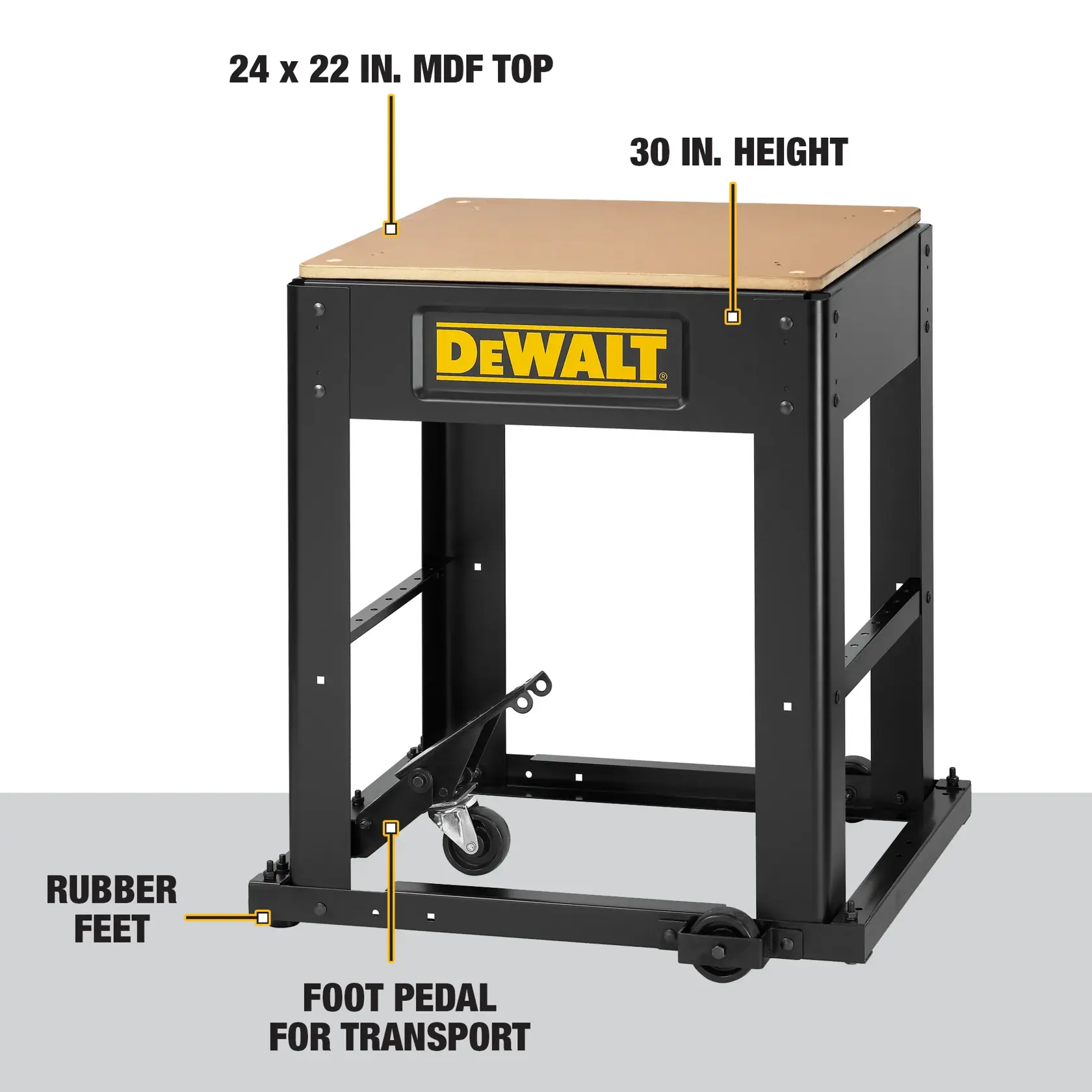 A DEWALT branded stand with a 24 x 22 inch MDF top, 30 inch height, rubber feet, and a foot pedal for transport. The stand is black with yellow DEWALT logo and features wheels for mobility.
