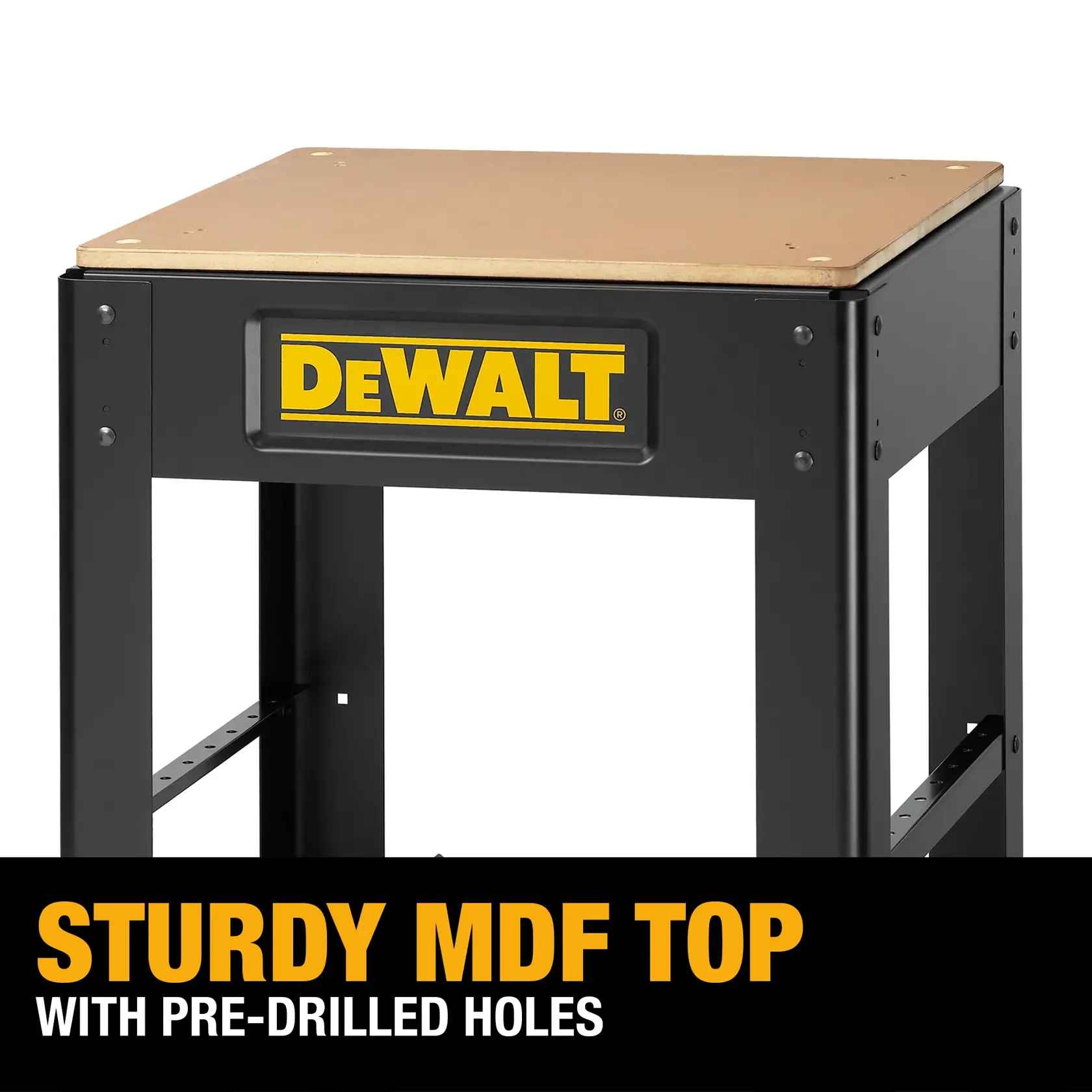 A DEWALT branded black steel stand with a sturdy MDF top featuring pre-drilled holes, shown in close up with prominent branding and highlighted product features.