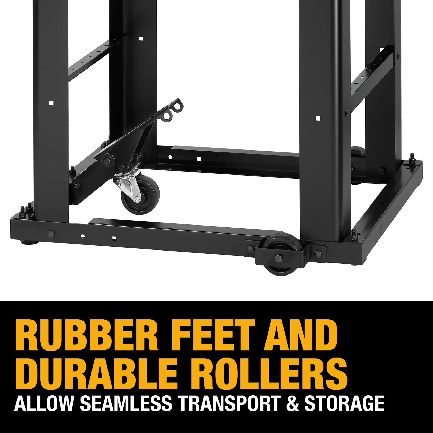 Close-up view of the bottom section of a DEWALT metal stand with rubber feet and durable rollers, designed for seamless transport and storage. The text highlights the features in bold yellow and white letters on a black background.