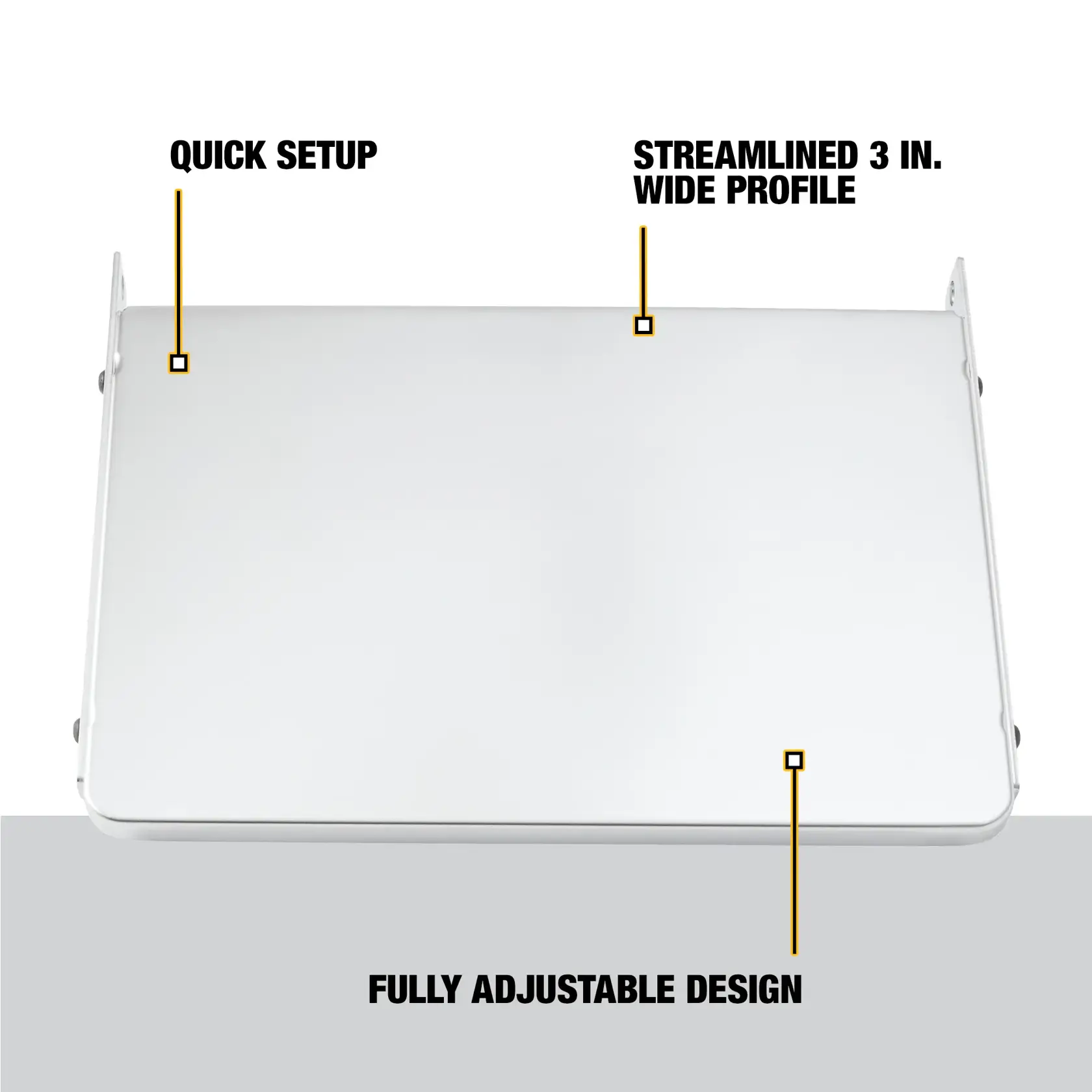 Top view of a DEWALT planer table extension with labeled features, including quick setup, streamlined 3-inch wide profile, and fully adjustable design.