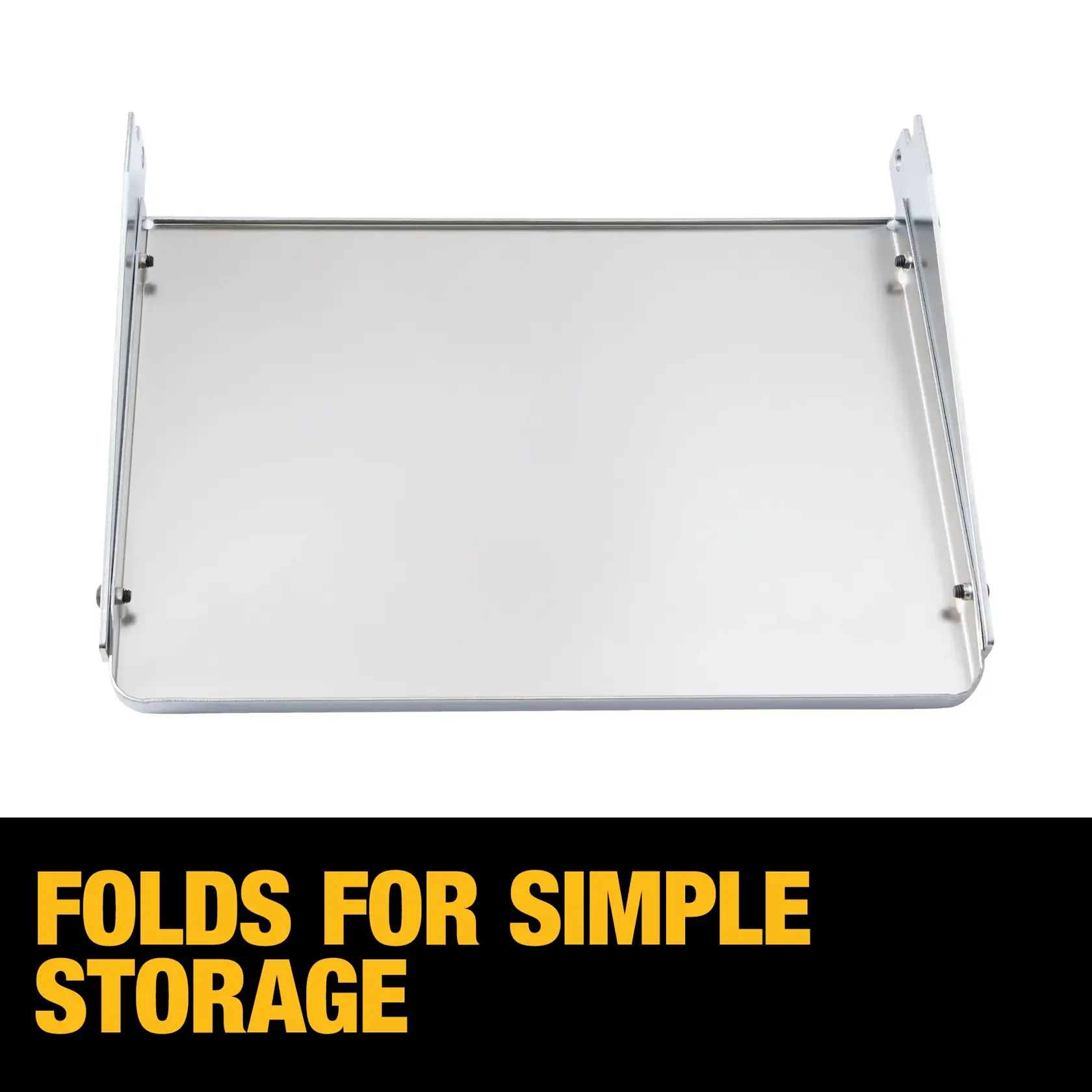 A DEWALT folding planer stand extension, shown in a horizontal position with metal brackets on the sides. The lower portion of the image includes the text 'Folds for simple storage' in bold yellow letters.