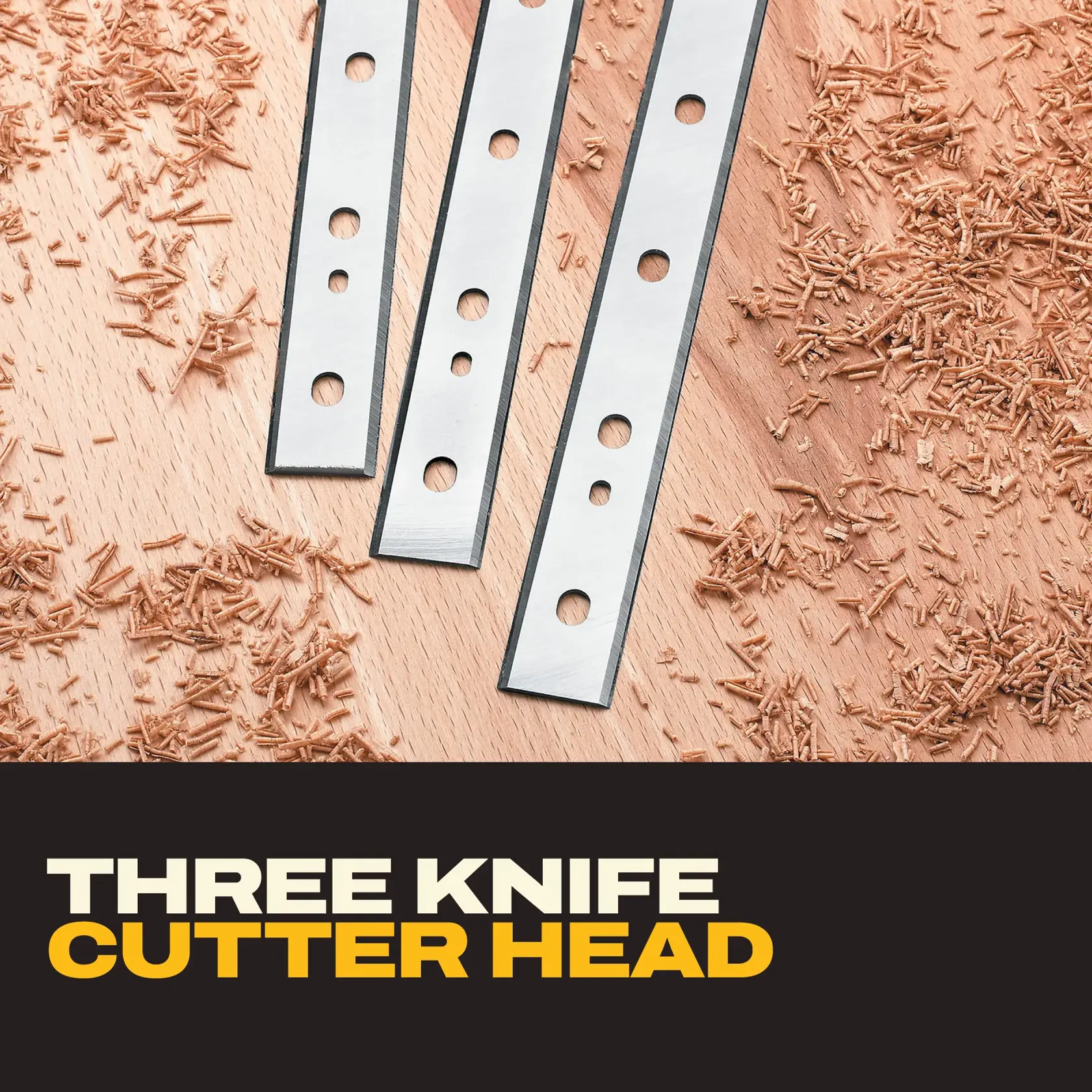 Image showing three metal cutter knives with holes, placed on a wooden surface with wood shavings around. The bottom section contains text stating 'Three Knife Cutter Head' in bold letters.
