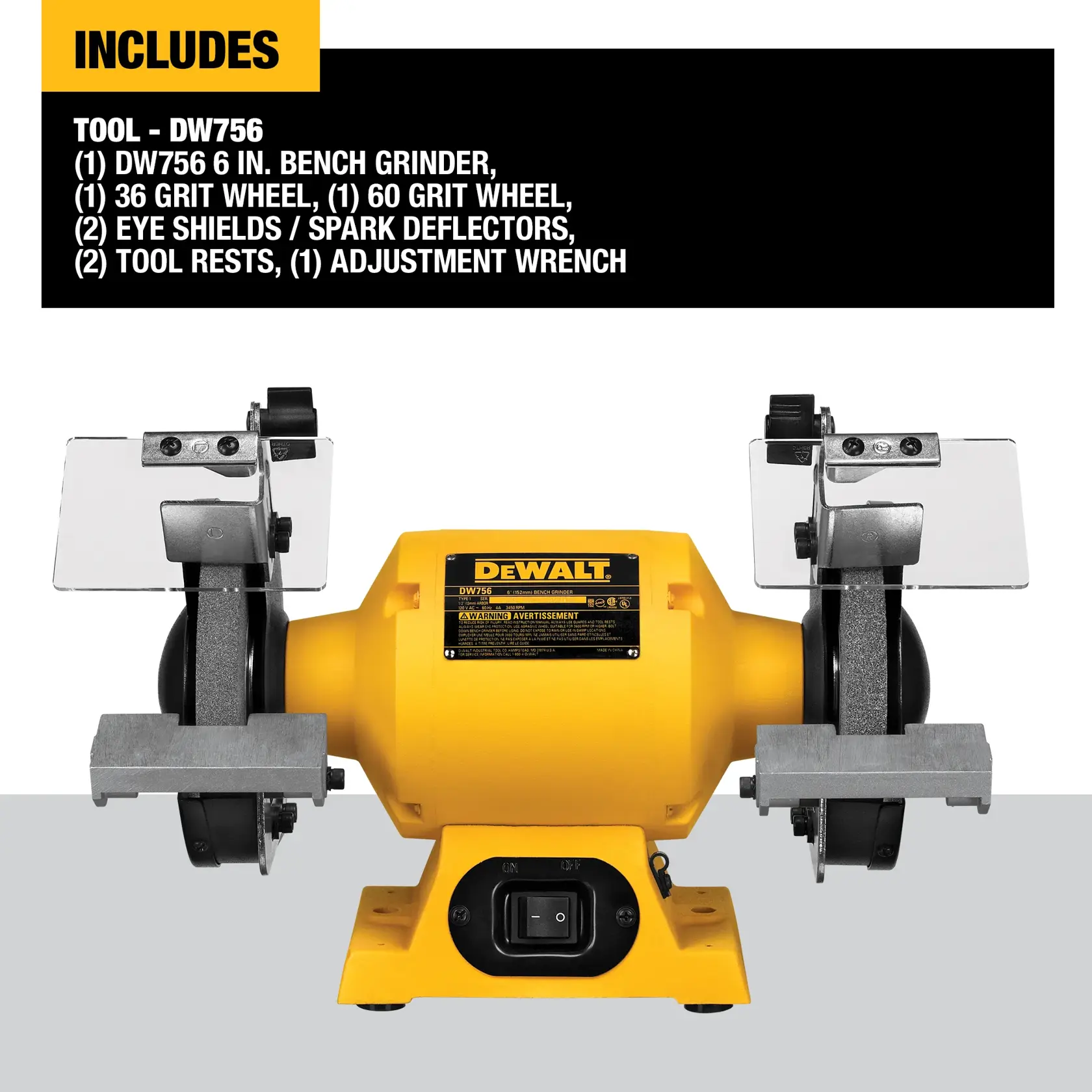 Image of a DEWALT DW756 6-inch bench grinder with yellow body, showing two grinding wheels, eye shields, tool rests, and a label indicating included items: 36 grit wheel, 60 grit wheel, two eye shields/spark deflectors, two tool rests, and one adjustment wrench.