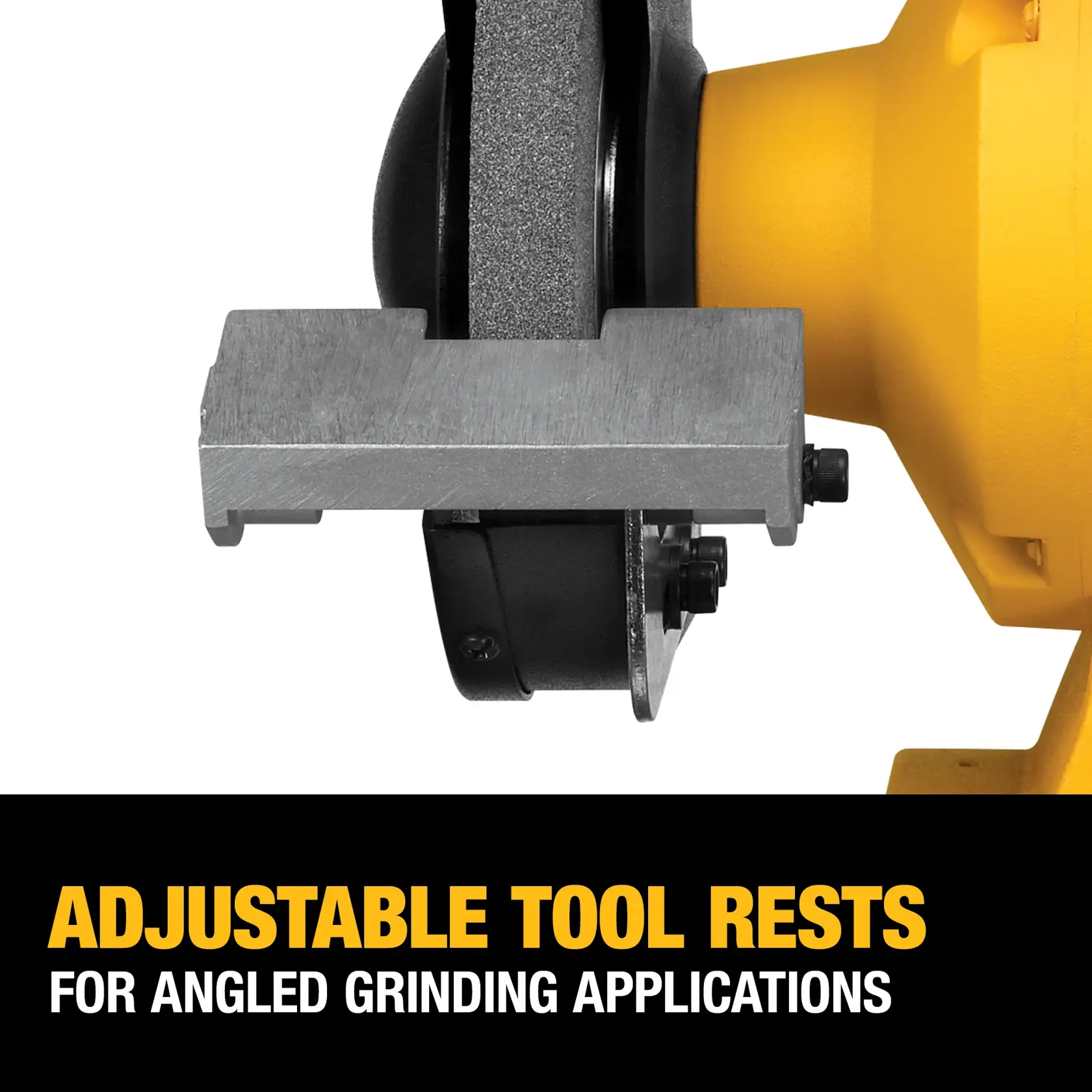 Close-up image of a DEWALT bench grinder showing adjustable metal tool rests for angled grinding applications. The grinder is yellow and black, and text at the bottom highlights the feature 'Adjustable Tool Rests for Angled Grinding Applications.'
