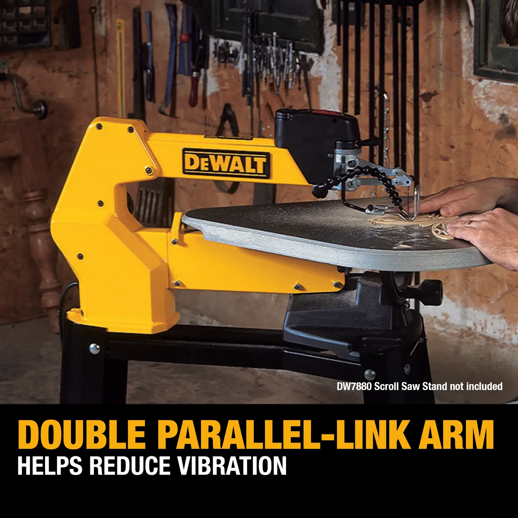 A DEWALT scroll saw with a double parallel-link arm in a workshop setting. A person is using the saw, with wood shavings visible on the work table. The text highlights that the double parallel-link arm helps reduce vibration. The DW7880 Scroll Saw Stand is not included.