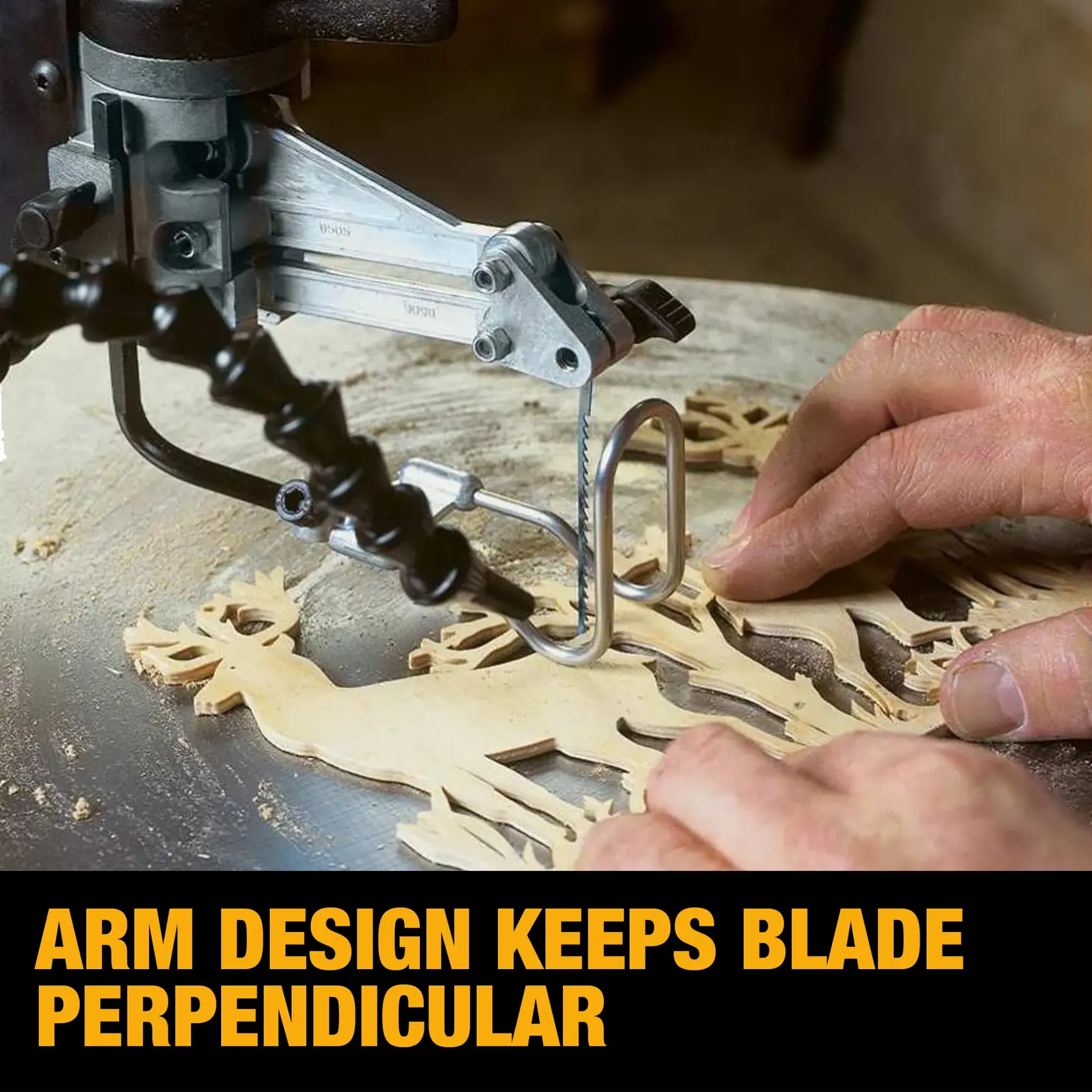 A close-up of a DEWALT scroll saw (DW788) cutting intricate deer shapes from wood. The saw's arm design keeps the blade perpendicular, as highlighted in the yellow and black text below the image.