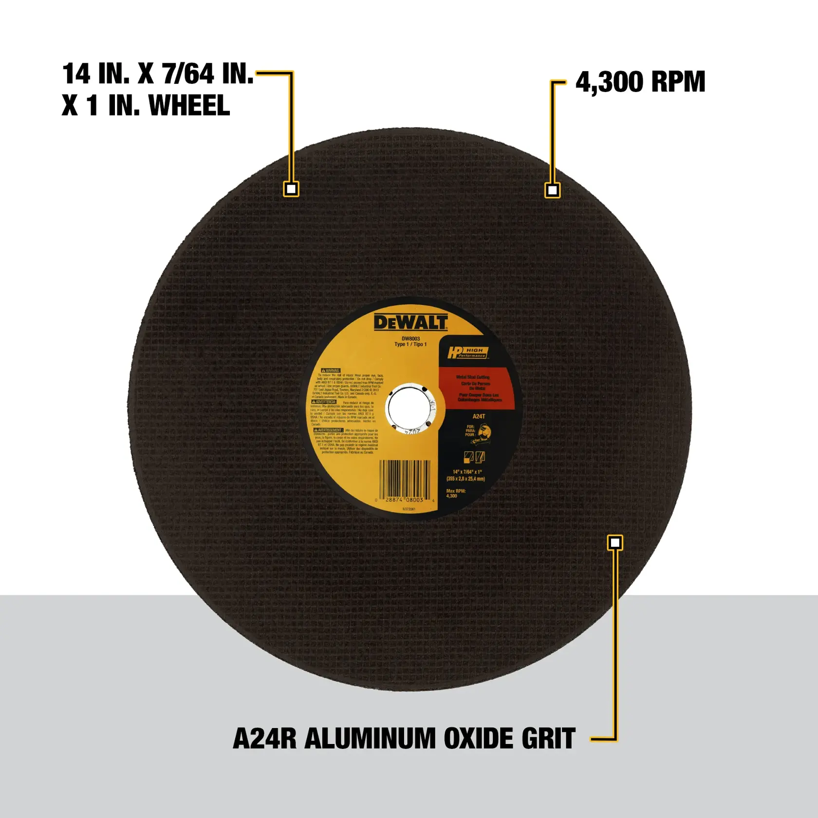 A large black DEWALT cutting wheel with a central label, featuring specifications: 14 in. x 7/64 in. x 1 in. wheel, 4,300 RPM, and A24R aluminum oxide grit.