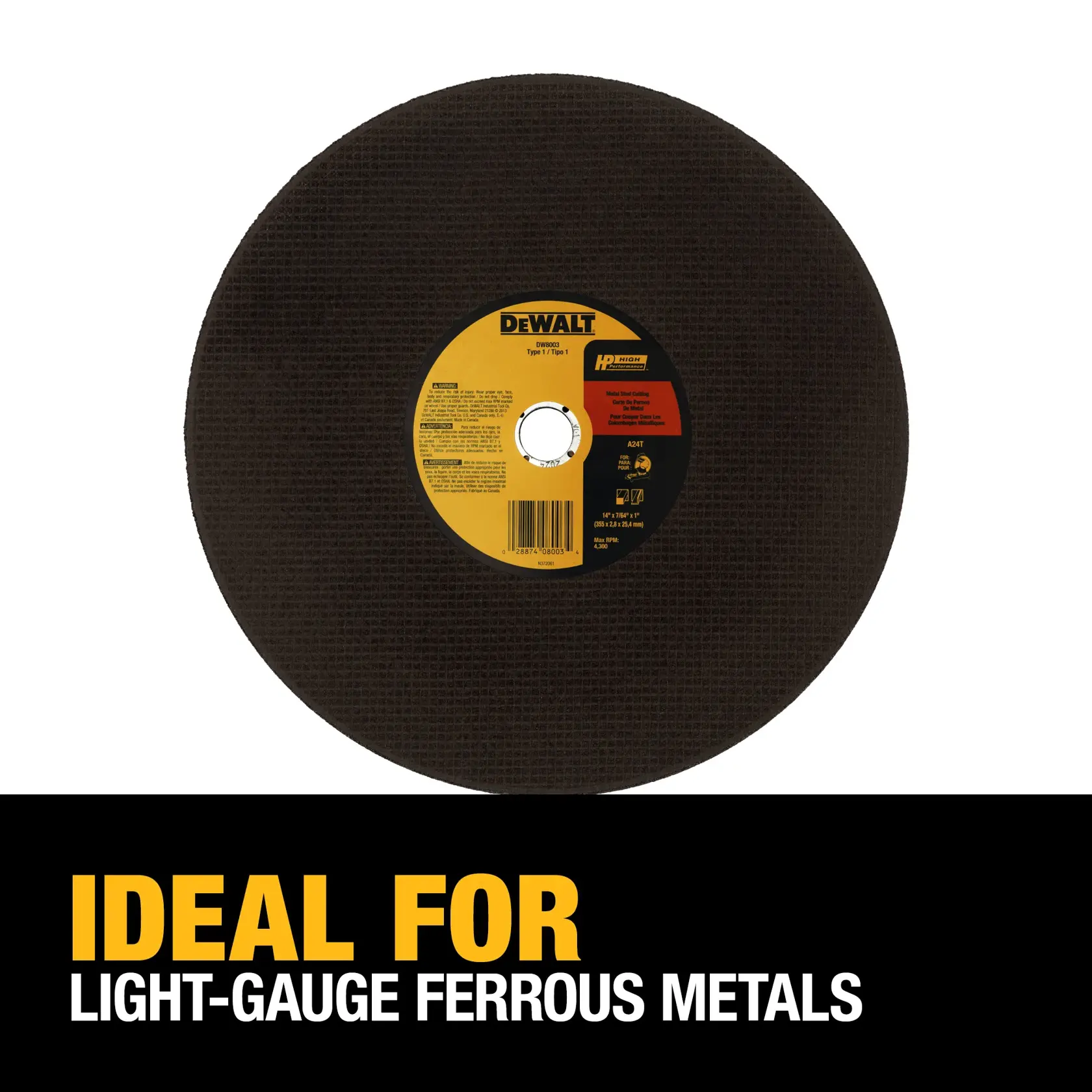 DEWALT DW8003 cutting wheel for metal, with a label in the center and text below that reads 'Ideal for light-gauge ferrous metals.'