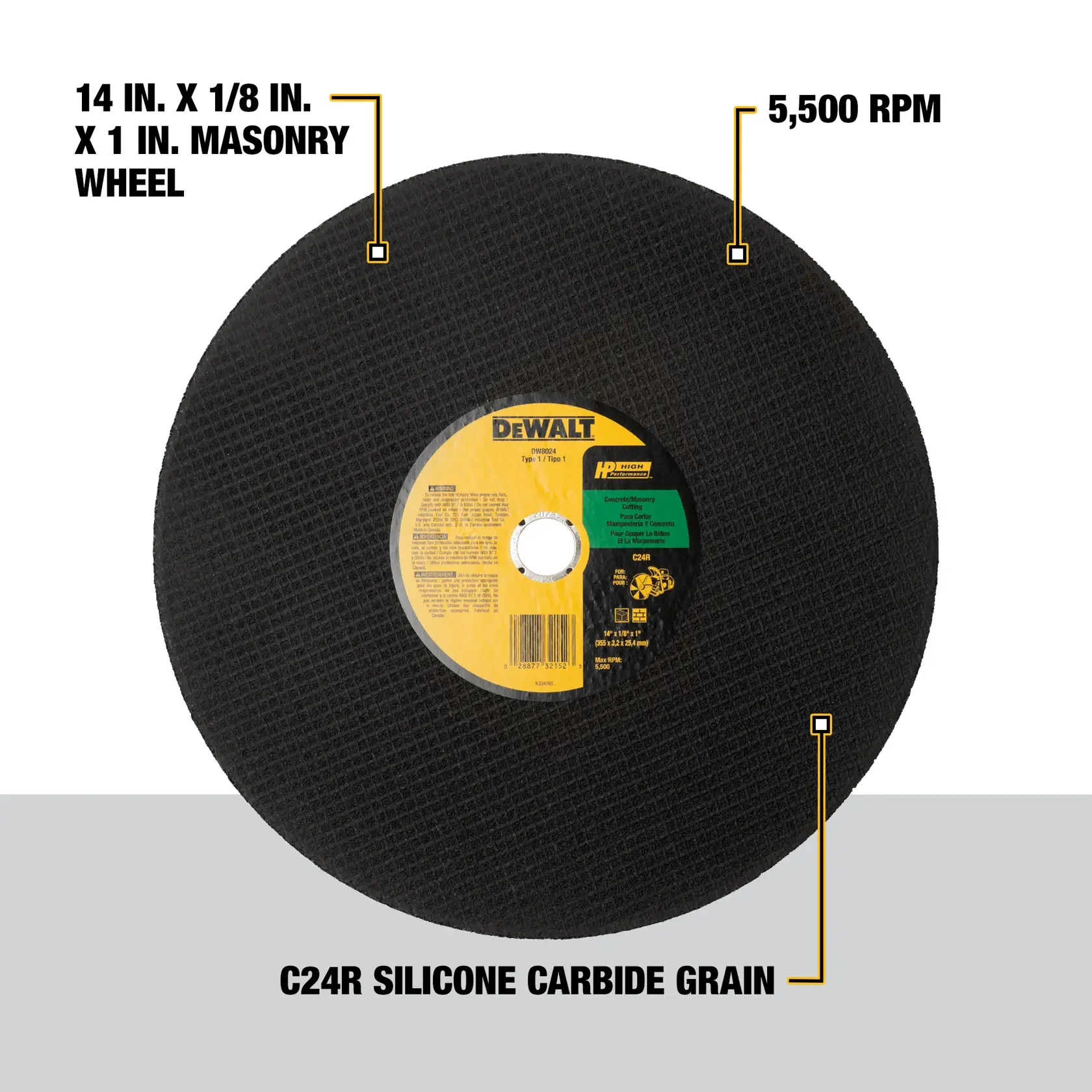 DEWALT 14 inch by 1/8 inch by 1 inch masonry cutting wheel with a black abrasive surface and central label, featuring C24R silicone carbide grain and a maximum speed of 5,500 RPM.