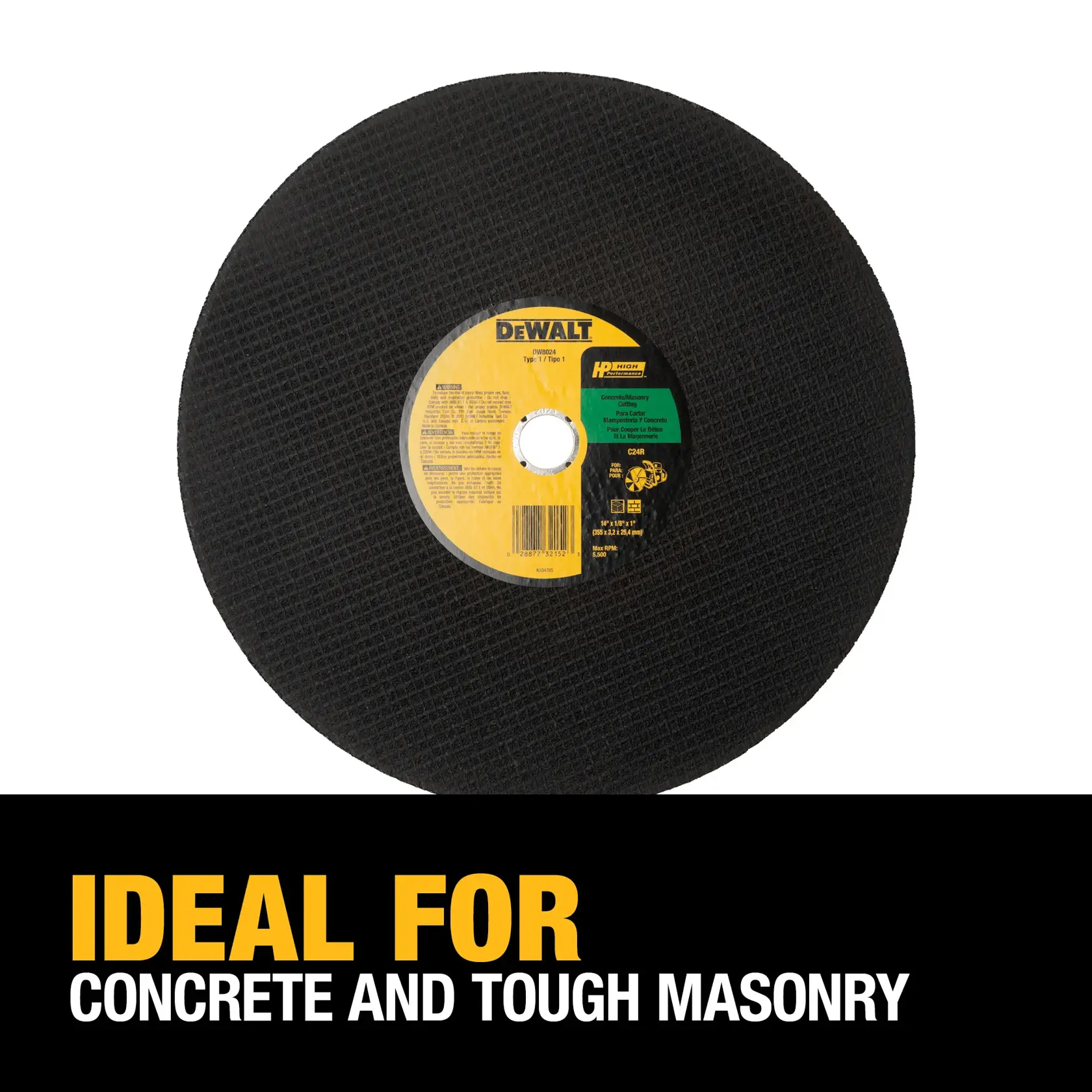 DEWALT abrasive cutting wheel shown with a yellow center label; text below reads 'Ideal for concrete and tough masonry.'