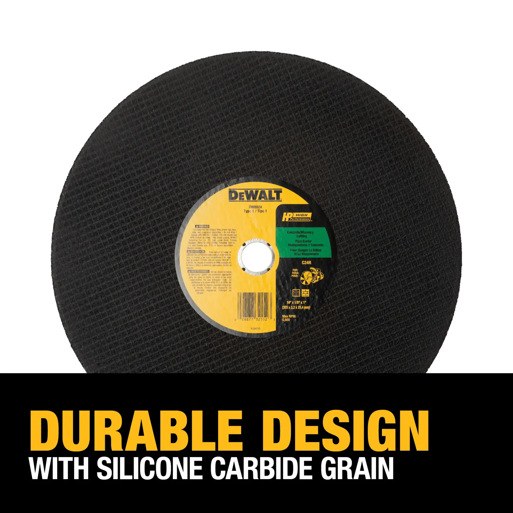 A DEWALT cutting wheel, model DW8024, with a durable design highlighted by text that reads 'Durable Design with Silicone Carbide Grain'. The tool is round with a textured black surface and a yellow and black center label.