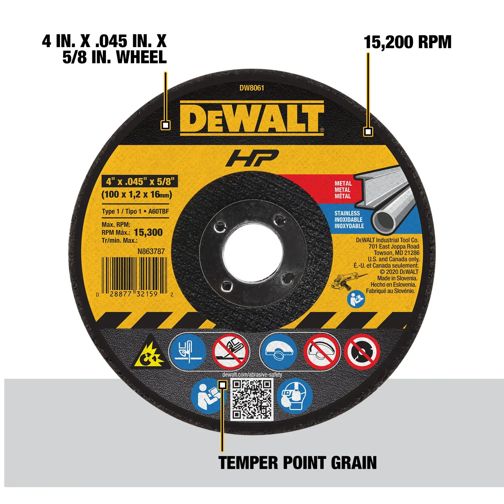 DEWALT DW8061 grinding wheel. The wheel displays product specifications: 4 in. x 0.045 in. x 5/8 in., maximum speed of 15,300 RPM, suitable for metal and stainless steel cutting. Includes icons indicating safety instructions and QR code for more information. Temper Point Grain is highlighted.