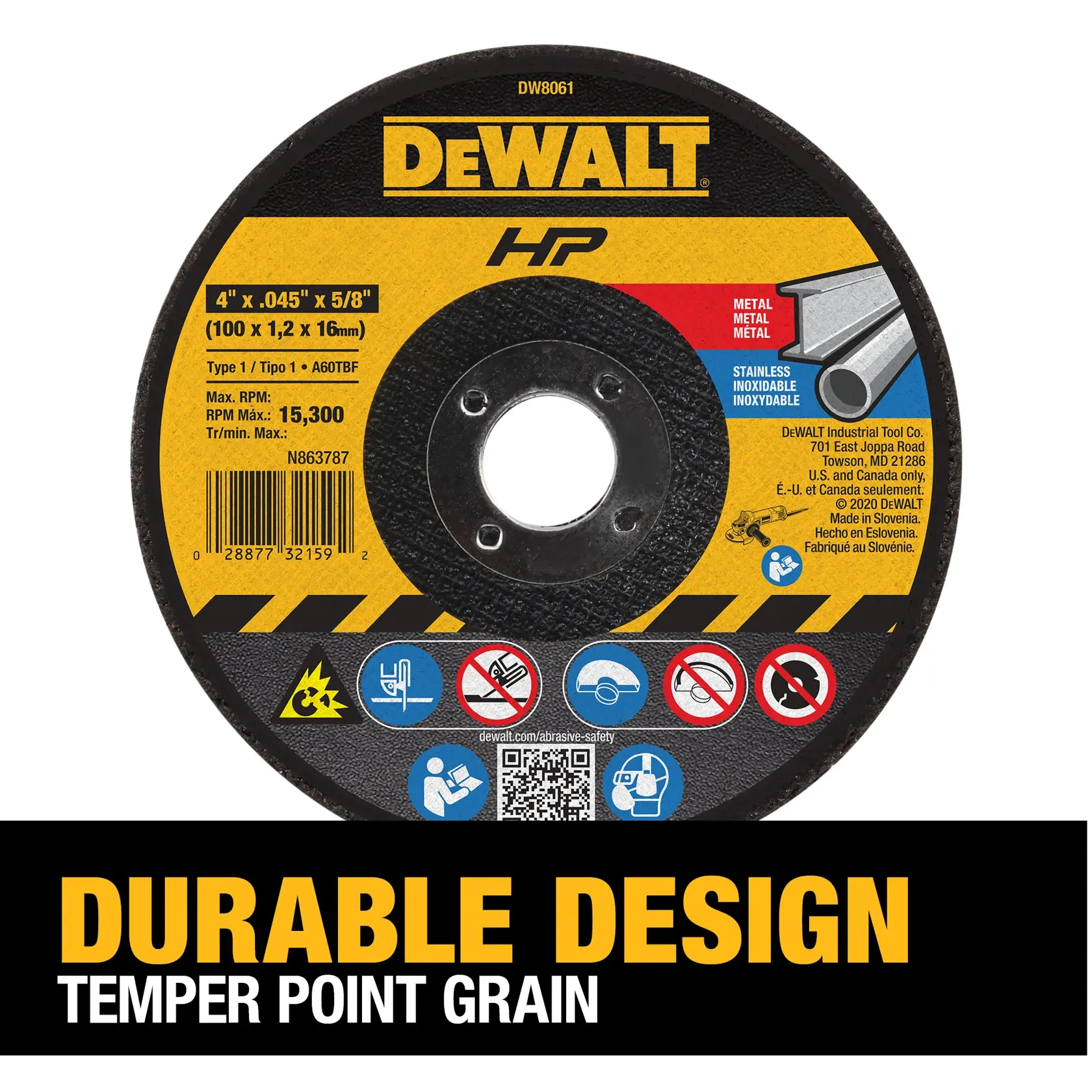 DEWALT DW8061 abrasive cutting wheel for metal and stainless steel, 4 inch diameter, shown with product safety icons and the text 'Durable Design Temper Point Grain'.
