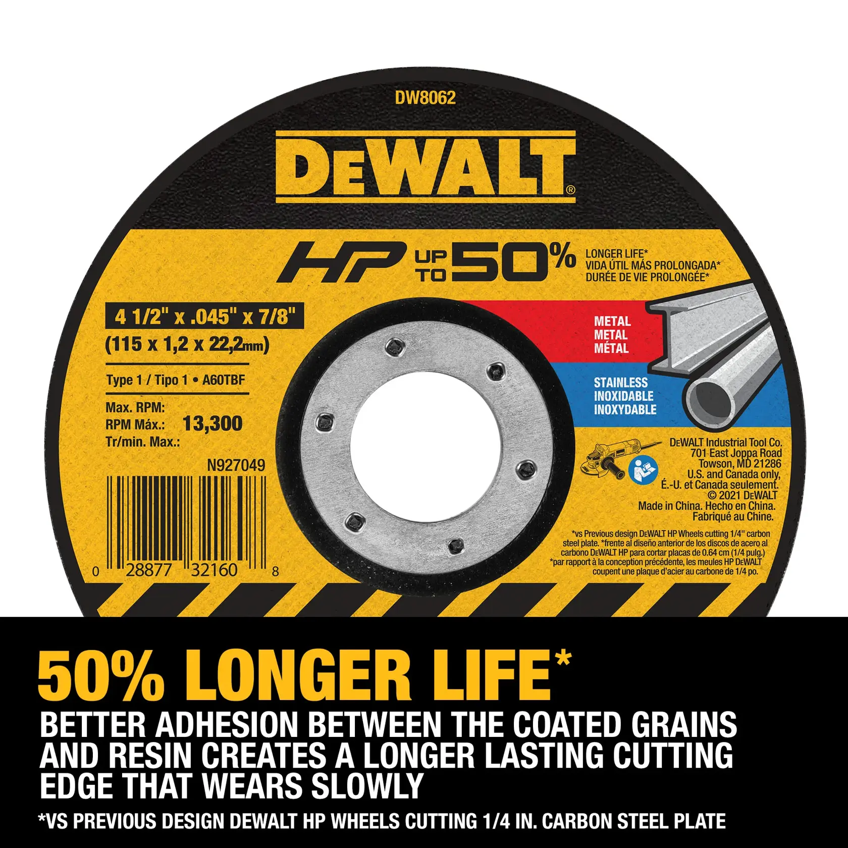 Image of a DEWALT DW8062 cutting wheel for metal and stainless steel, featuring a diameter of 4 1/2 inches, thickness of 0.045 inches, and a 7/8 inch arbor. The wheel promises up to 50% longer life due to improved adhesion between coated grains and resin for a long-lasting cutting edge. Product details and specifications are shown, with promotional text emphasizing durability.