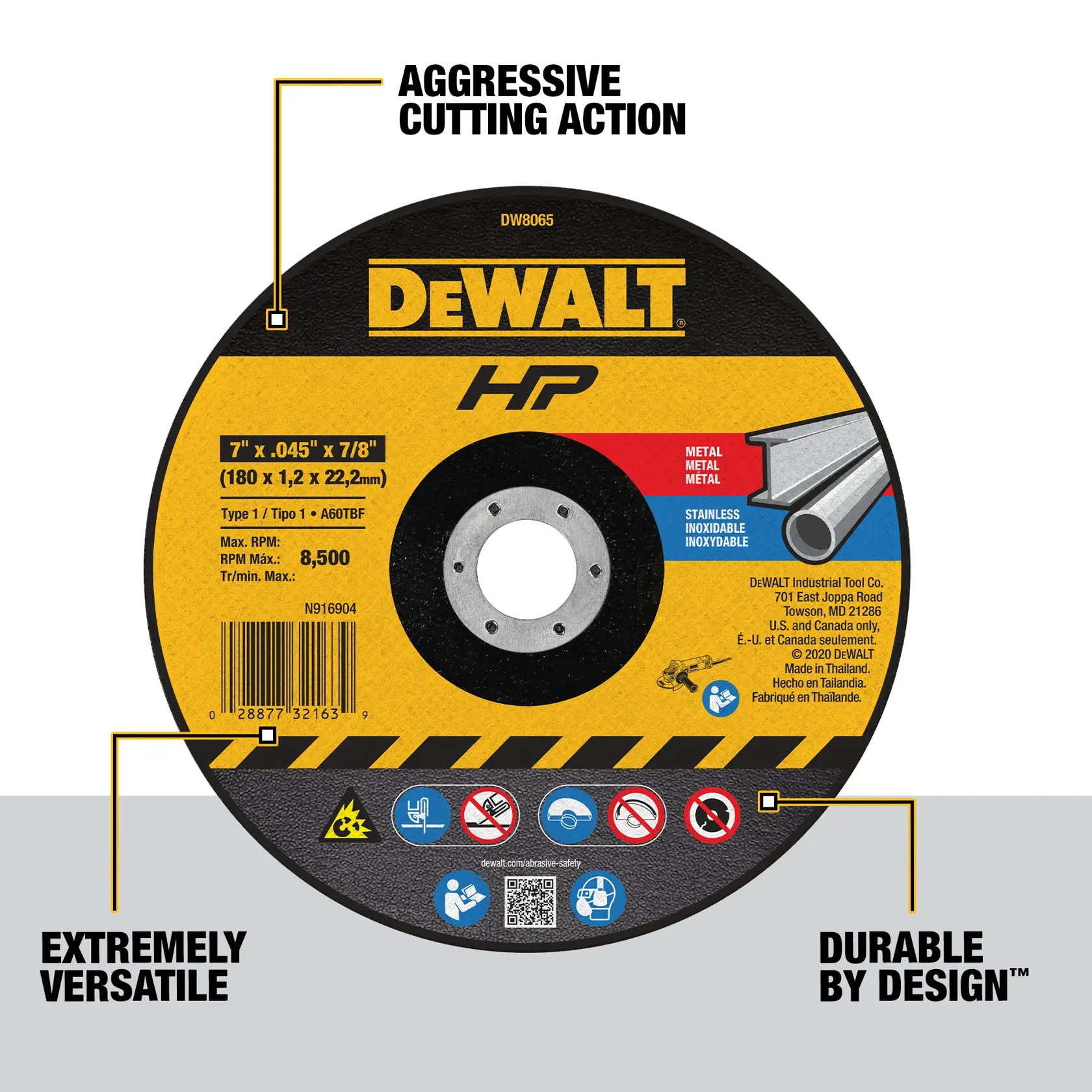 Image of a DEWALT HP metal cutting wheel, model DW8065. The wheel is labeled as extremely versatile, durable by design, and offers aggressive cutting action. Specifications include a 7 inch diameter, 0.045 inch thickness, and a 7/8 inch arbor. It is intended for cutting metal and stainless steel, with a maximum RPM of 8,500. Various safety and usage icons are displayed.