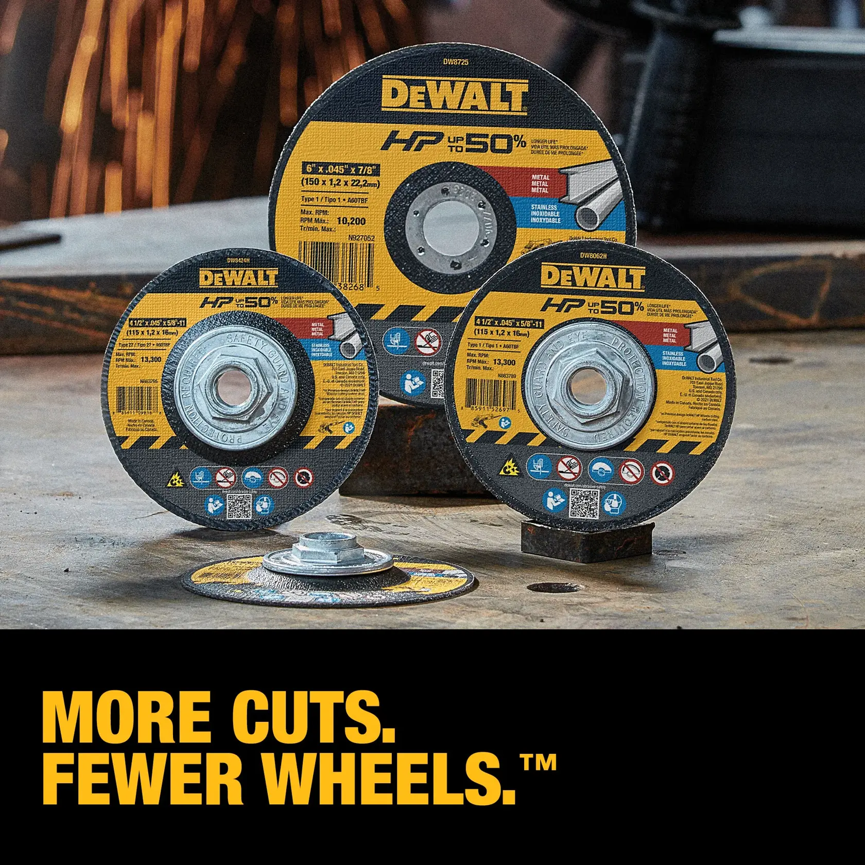 Three DEWALT metal cutting wheels are displayed on a workbench, with the DEWALT logo and product information visible on each wheel. Text below reads: 'More cuts. Fewer wheels.'