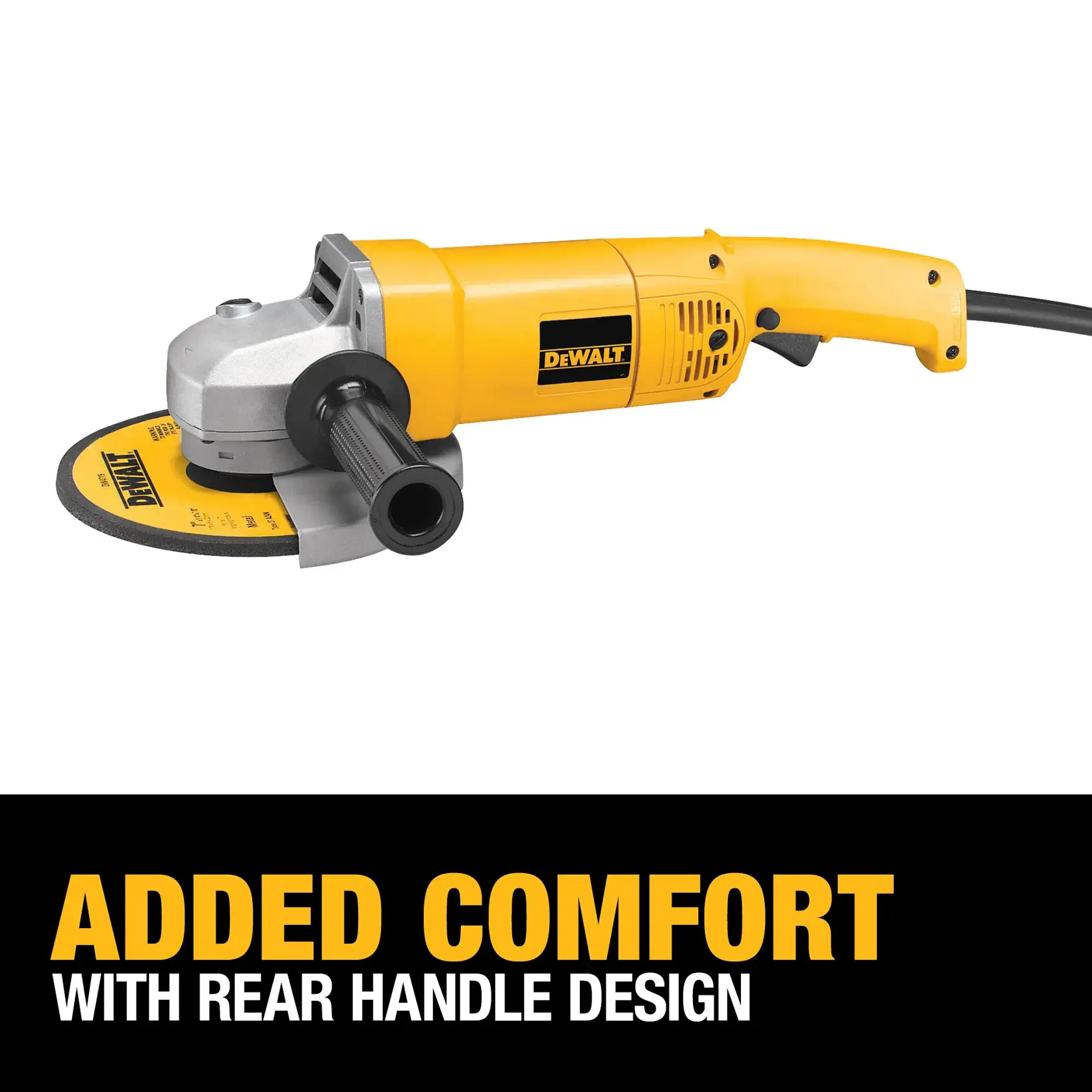 A yellow DEWALT DW840 angle grinder with a black side handle and a circular grinding disc. The image highlights the tool's rear handle design for added comfort. Text on the image reads: 'ADDED COMFORT WITH REAR HANDLE DESIGN.'