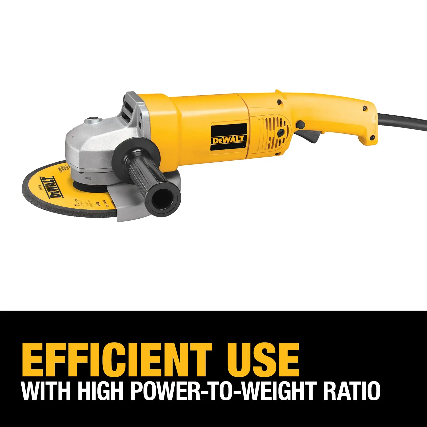A yellow and black DEWALT DW840 angle grinder with a side handle is shown on a white background. Below the tool, text reads: 'Efficient use with high power-to-weight ratio.'