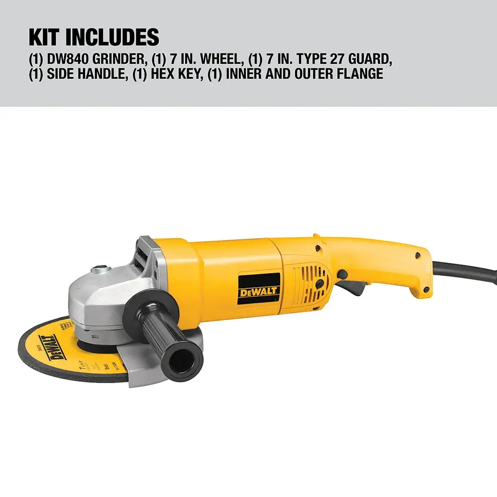Image showing a DEWALT DW840 angle grinder with a yellow and black handle. The kit includes a 7-inch wheel, Type 27 guard, side handle, hex key, and inner and outer flange. The information is displayed above the tool in a text box.