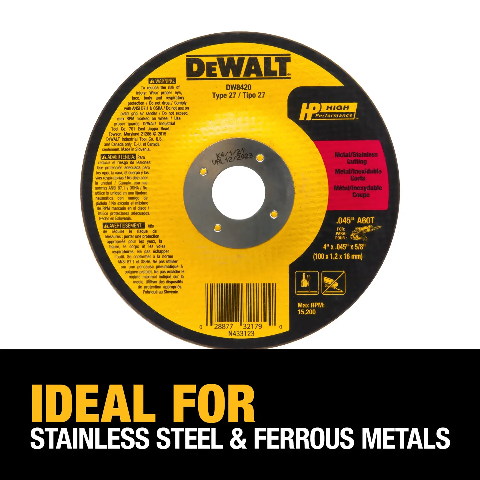 DEWALT DW8420 Type 27 cutting wheel for metal, shown with yellow and black label. The wheel is labeled 'High Performance' and is described as ideal for cutting stainless steel and ferrous metals. The size is 4 inches by 0.045 inches by 5/8 inches.