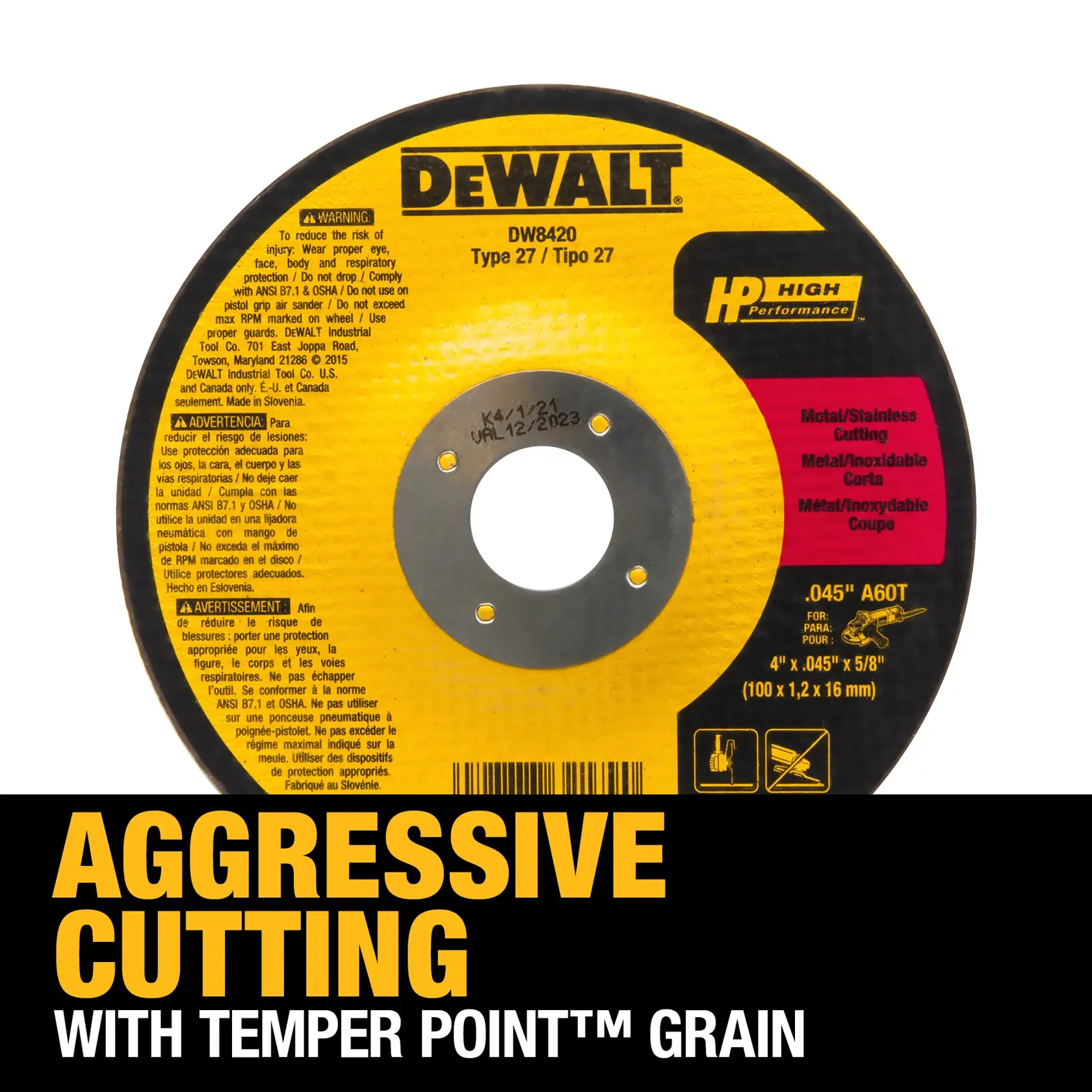 DEWALT DW8420 Type 27 cutting wheel for aggressive metal and stainless cutting with Temper Point™ grain. The product features high performance and safety instructions printed on the wheel. The text highlights aggressive cutting capabilities.
