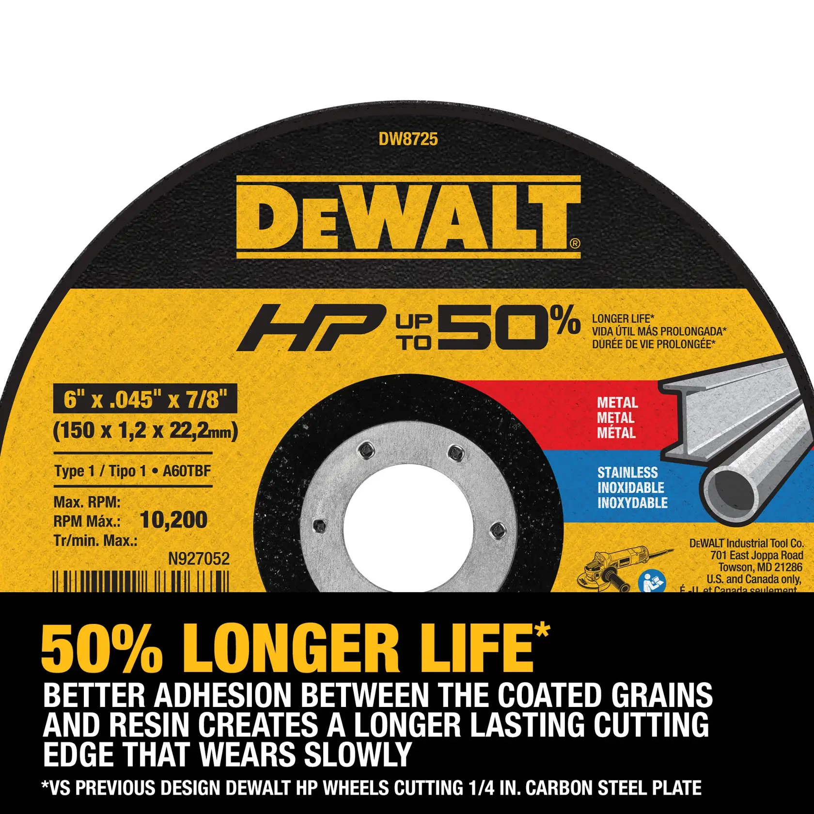 A close-up image of a DEWALT cutting wheel, model DW8725. The wheel label highlights HP up to 50% longer life, suitable for metal and stainless steel cutting. Specifications include 6 inches diameter, .045 inch thickness, and 7/8 inch arbor. Maximum RPM is 10,200. Text indicates better adhesion between coated grains and resin creates a longer lasting cutting edge.