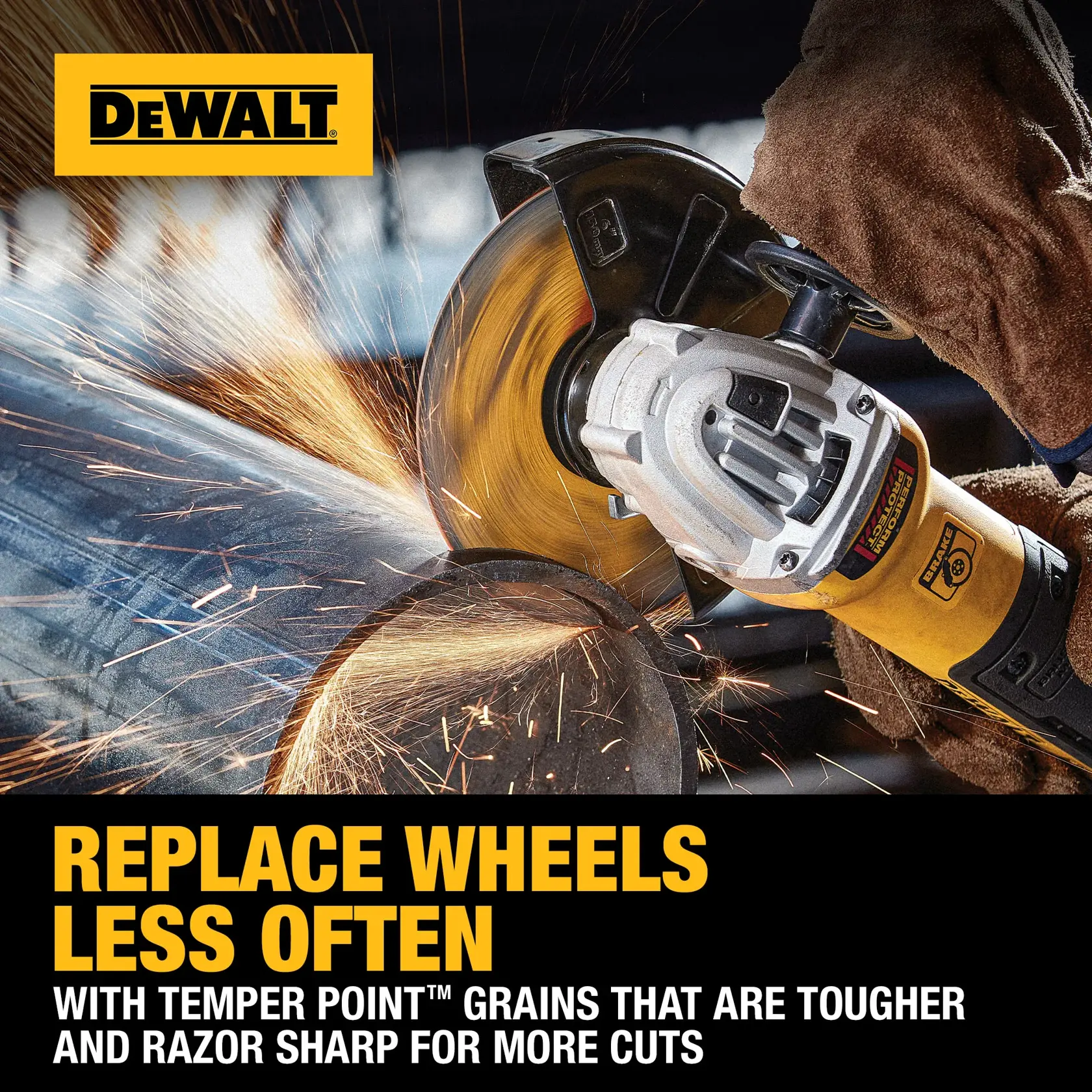 A DEWALT angle grinder cutting through metal, emitting sparks. Promotional text on the image reads: 'Replace wheels less often. With Temper Point grains that are tougher and razor sharp for more cuts.'