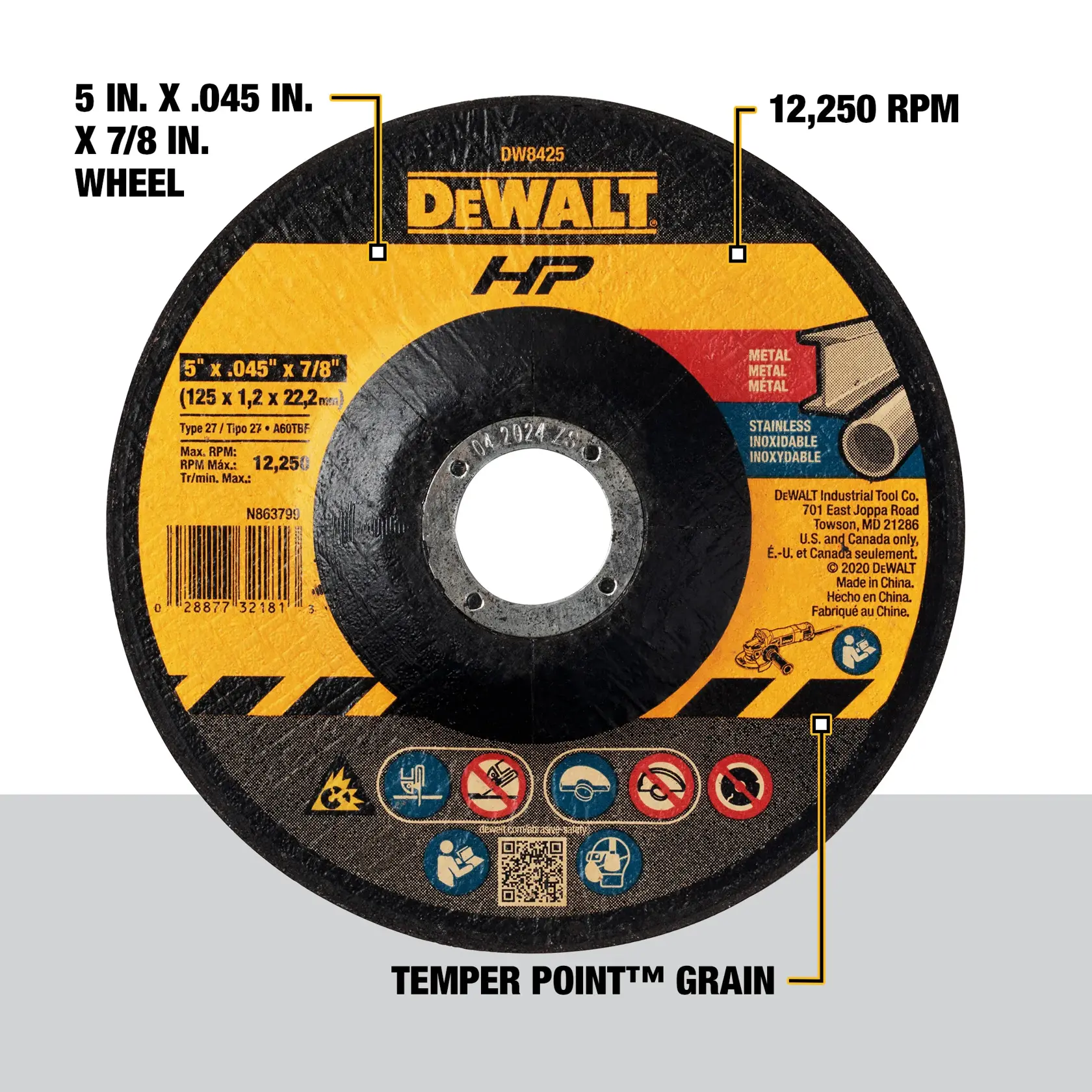DEWALT DW8425 grinding wheel for metal and stainless steel, 5 inch diameter, 0.045 inch thick, 7/8 inch arbor hole, high performance HP series, labeled for 12,250 RPM max speed. Product features Temper Point™ grain and various safety icons on the label.