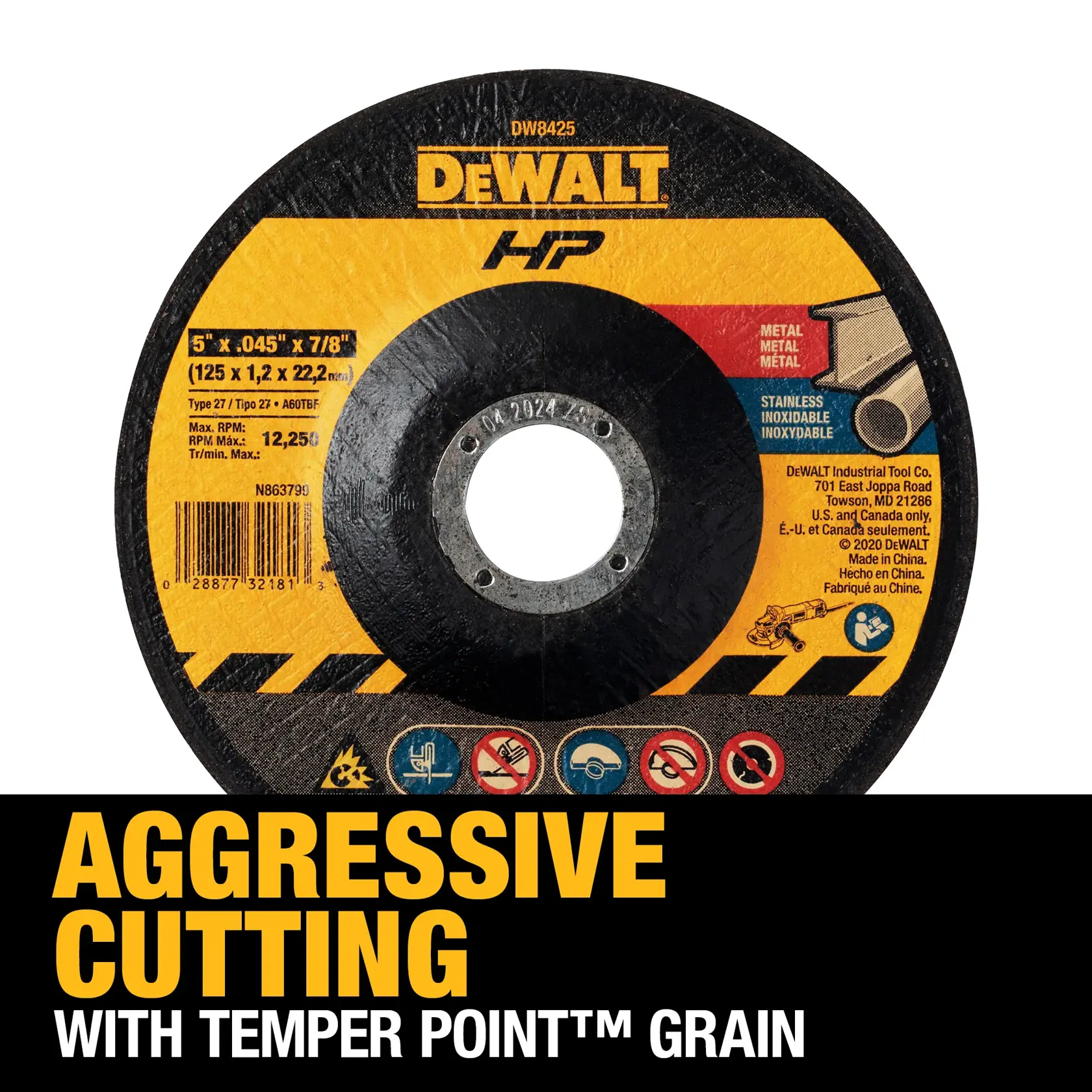 DEWALT DW8425 grinding wheel for metal and stainless steel with the text 'Aggressive Cutting with Temper Point™ Grain' displayed below the wheel.