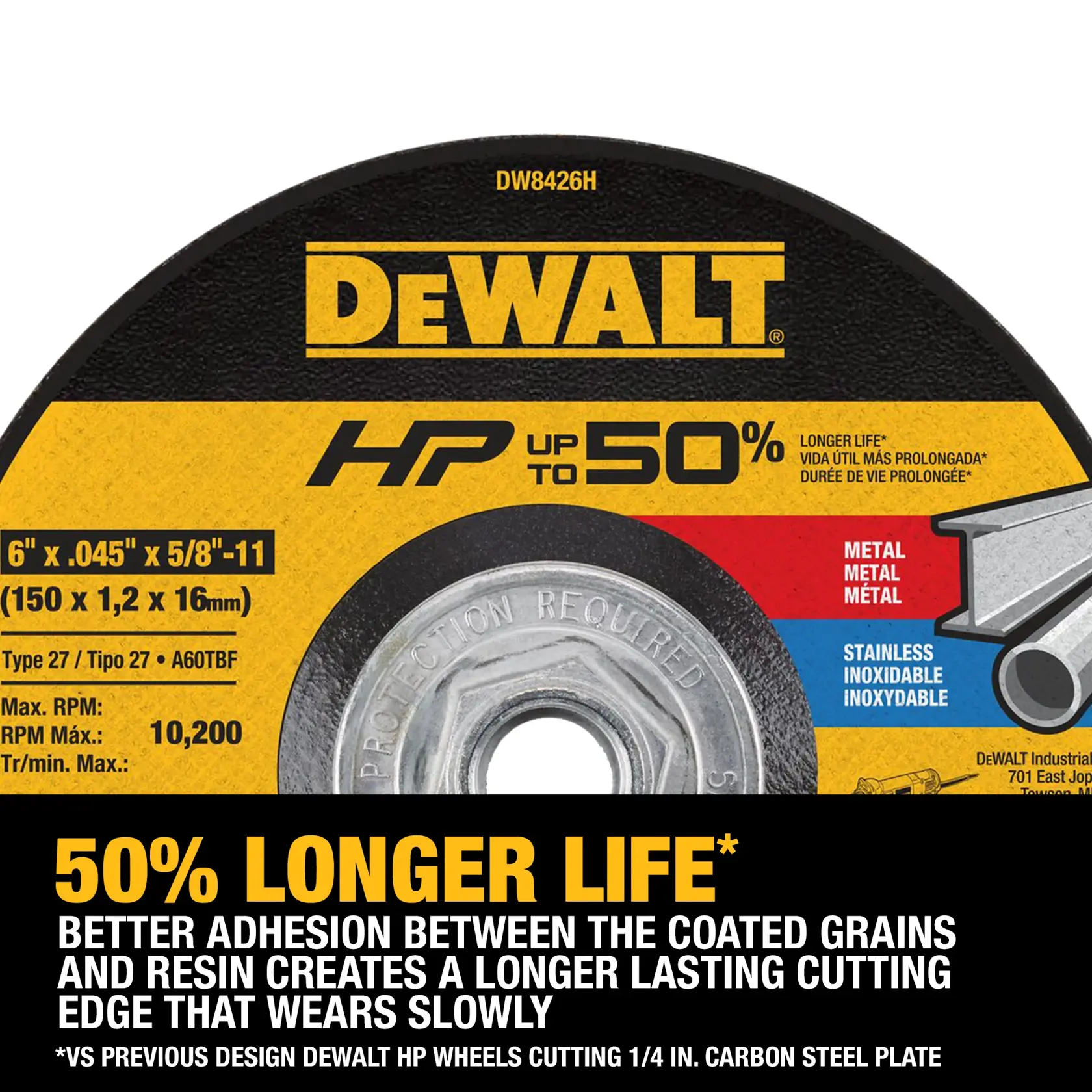 DEWALT DW8426H abrasive cutting wheel for metal and stainless steel, featuring HP up to 50% longer life, size 6 x 0.045 x 5/8-11 inches, and improved adhesion for a longer-lasting cutting edge.