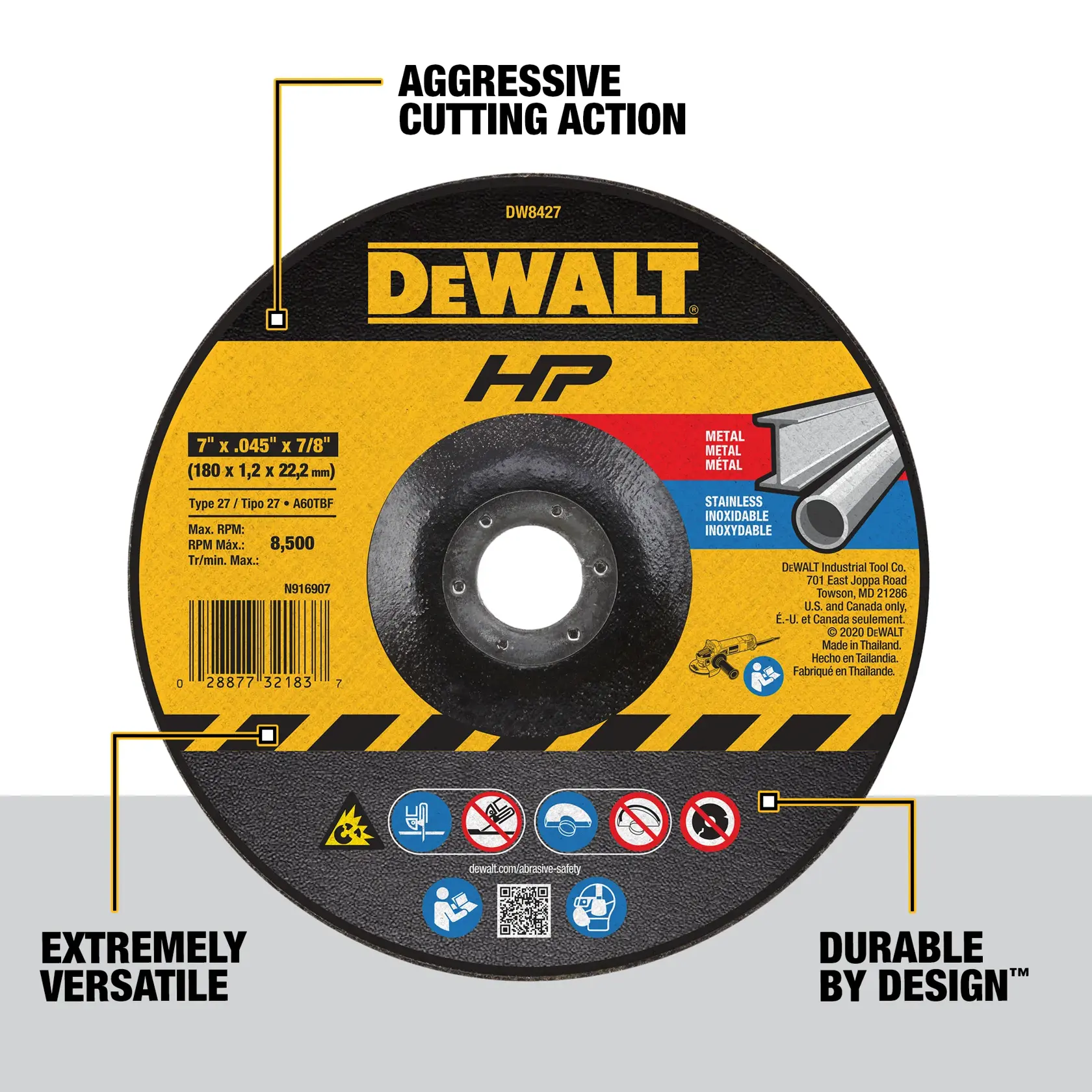DEWALT DW8427H HP cutting wheel for metal and stainless steel, 7 inch diameter by 0.045 inch thickness, with a 7/8 inch arbor hole. The wheel features aggressive cutting action, extreme versatility, and durable design. The product has safety icons and instructions printed on the front, along with the DEWALT logo, product specifications, and bar code.