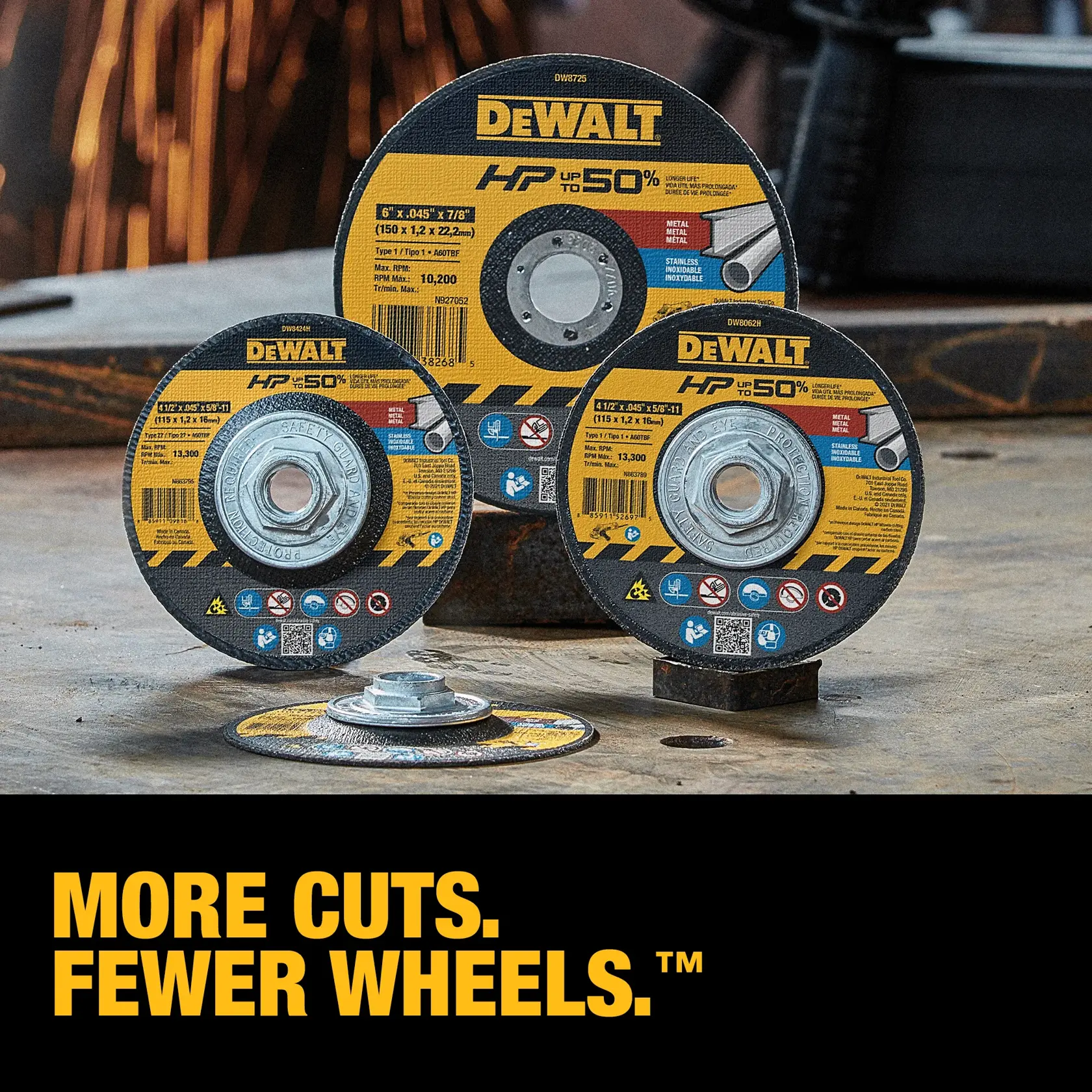 Three DEWALT cutting wheels of different sizes are displayed on a workshop table, with their yellow and black labels visible. The background has sparks and workshop tools. Text at the bottom says, 'More cuts. Fewer wheels.'