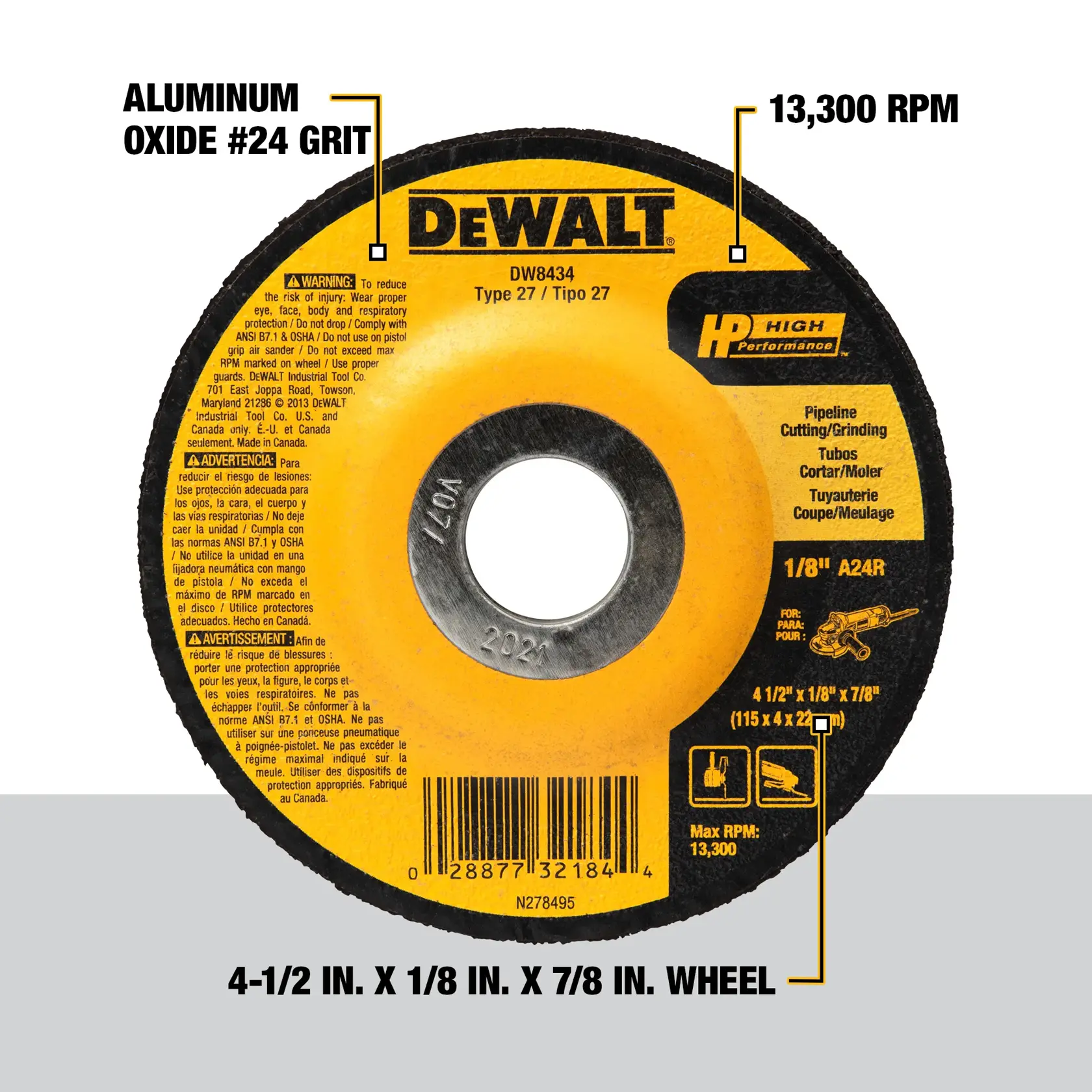 A DEWALT DW8434 Type 27 grinding wheel for pipeline cutting/grinding, featuring aluminum oxide #24 grit. The wheel is yellow and black, with a center hole and product details printed on the surface. It specifies 1/8 inch thickness, operates at a maximum of 13,300 RPM, and measures 4-1/2 inches in diameter with a 7/8 inch arbor.