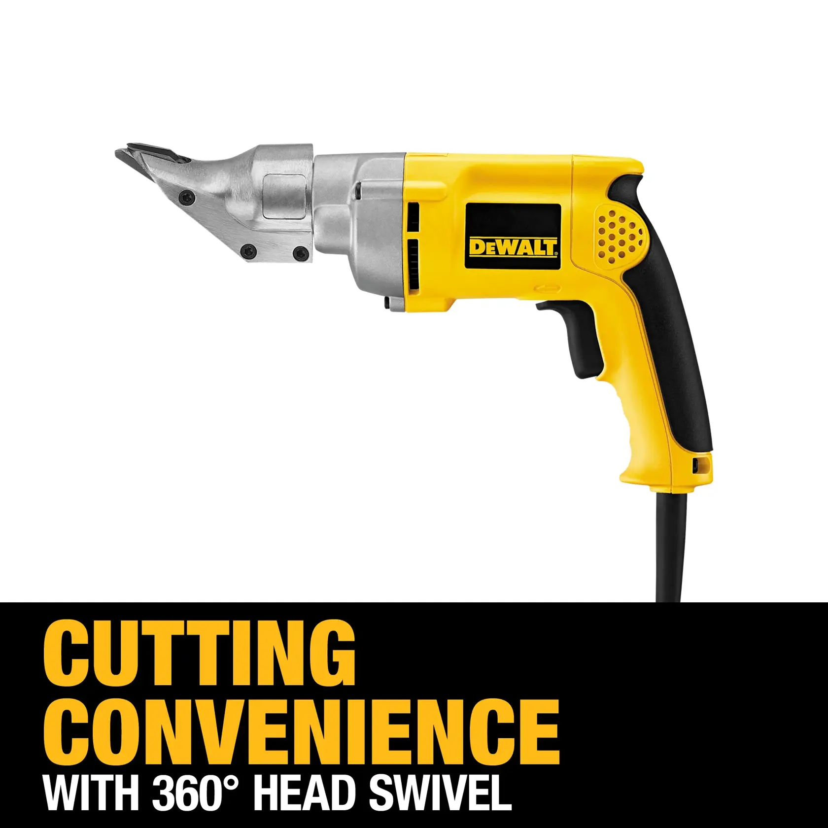 DEWALT DW890 electric power tool with a yellow and black handle, featuring a 360-degree swiveling head for cutting convenience. Promotional text reads: 'CUTTING CONVENIENCE WITH 360° HEAD SWIVEL.'