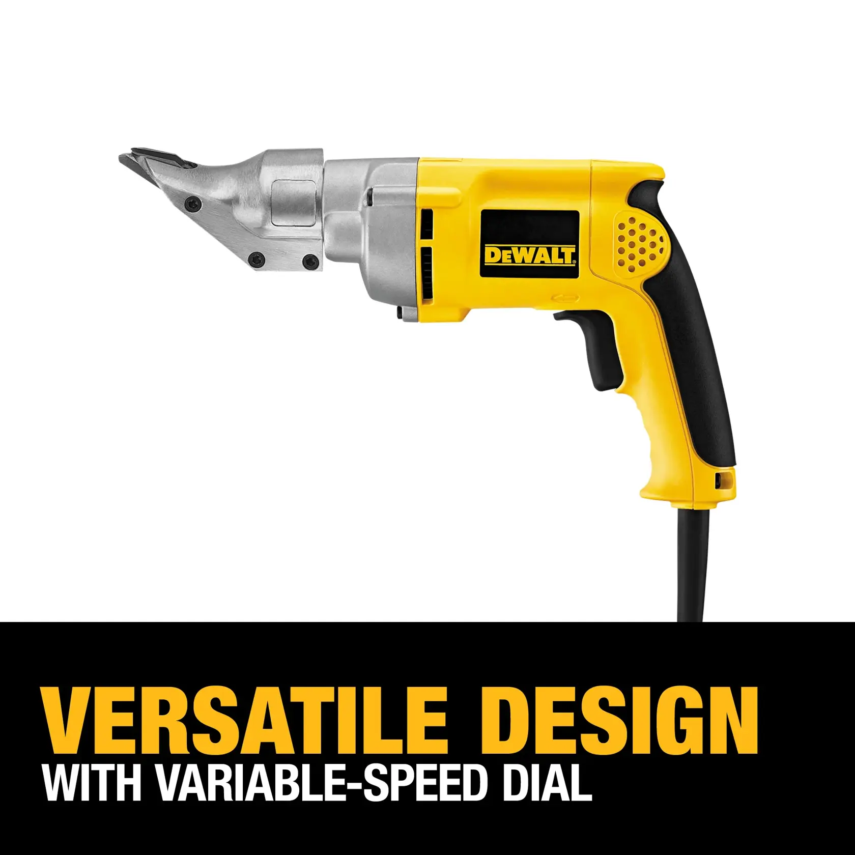 A DEWALT DW890 electric power tool with a yellow and black handle, shown on a white background. Text below reads: 'Versatile design with variable-speed dial.'