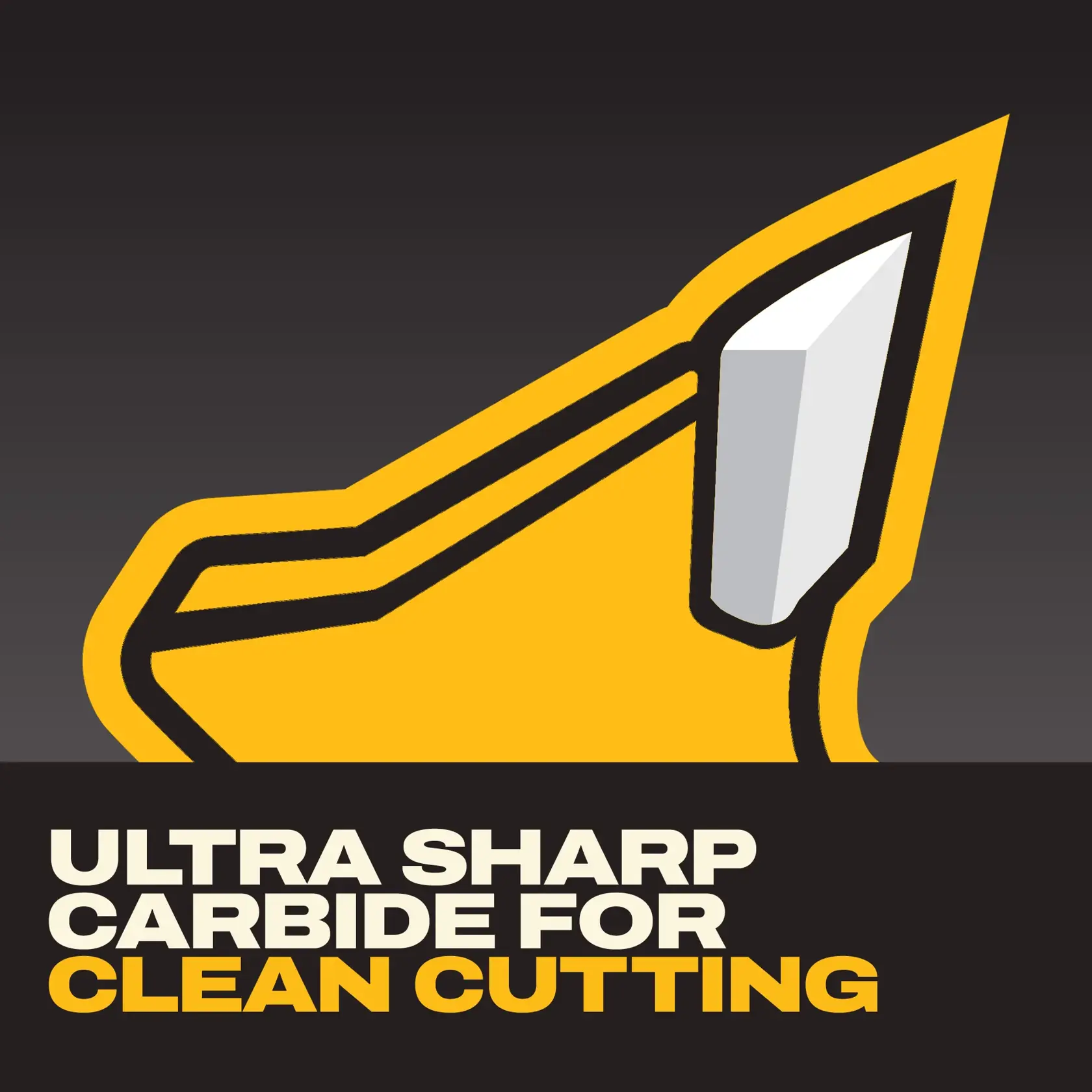 Illustration showing a sharp carbide blade tip with the text 'Ultra Sharp Carbide for Clean Cutting' in bold white and yellow letters on a black background.