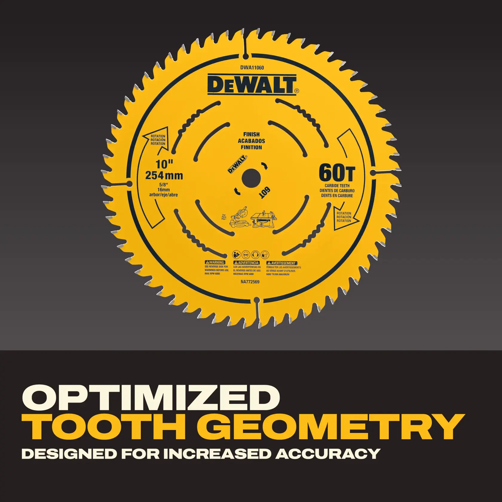 A yellow DEWALT 10-inch (254 mm) circular saw blade with 60 carbide teeth, model DWA11060, is shown against a dark background. The text below the blade reads: 'Optimized tooth geometry designed for increased accuracy.'