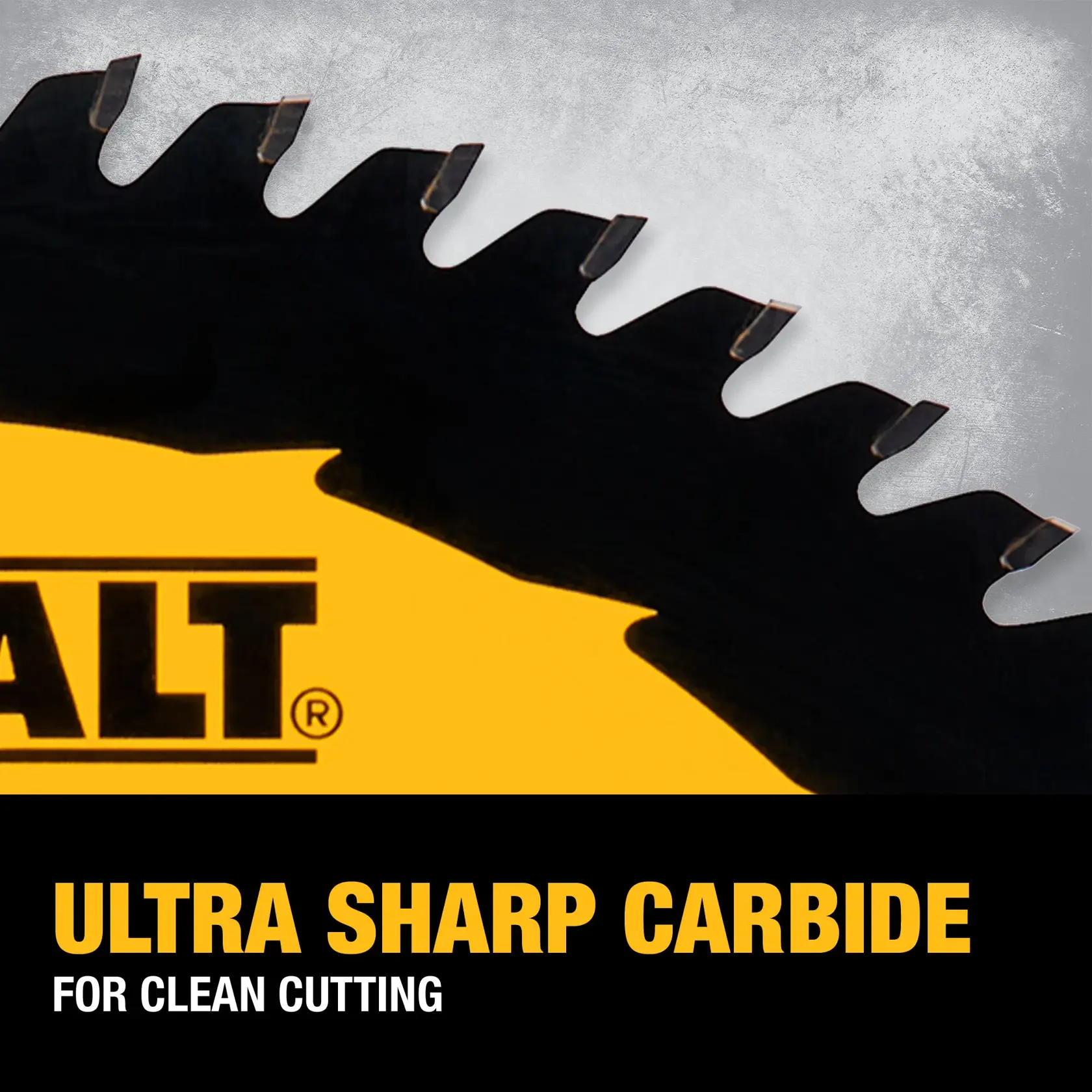Close-up of a DEWALT circular saw blade with ultra sharp carbide teeth, highlighting its clean cutting capability. The background is yellow and gray, with bold text describing the blade's features.