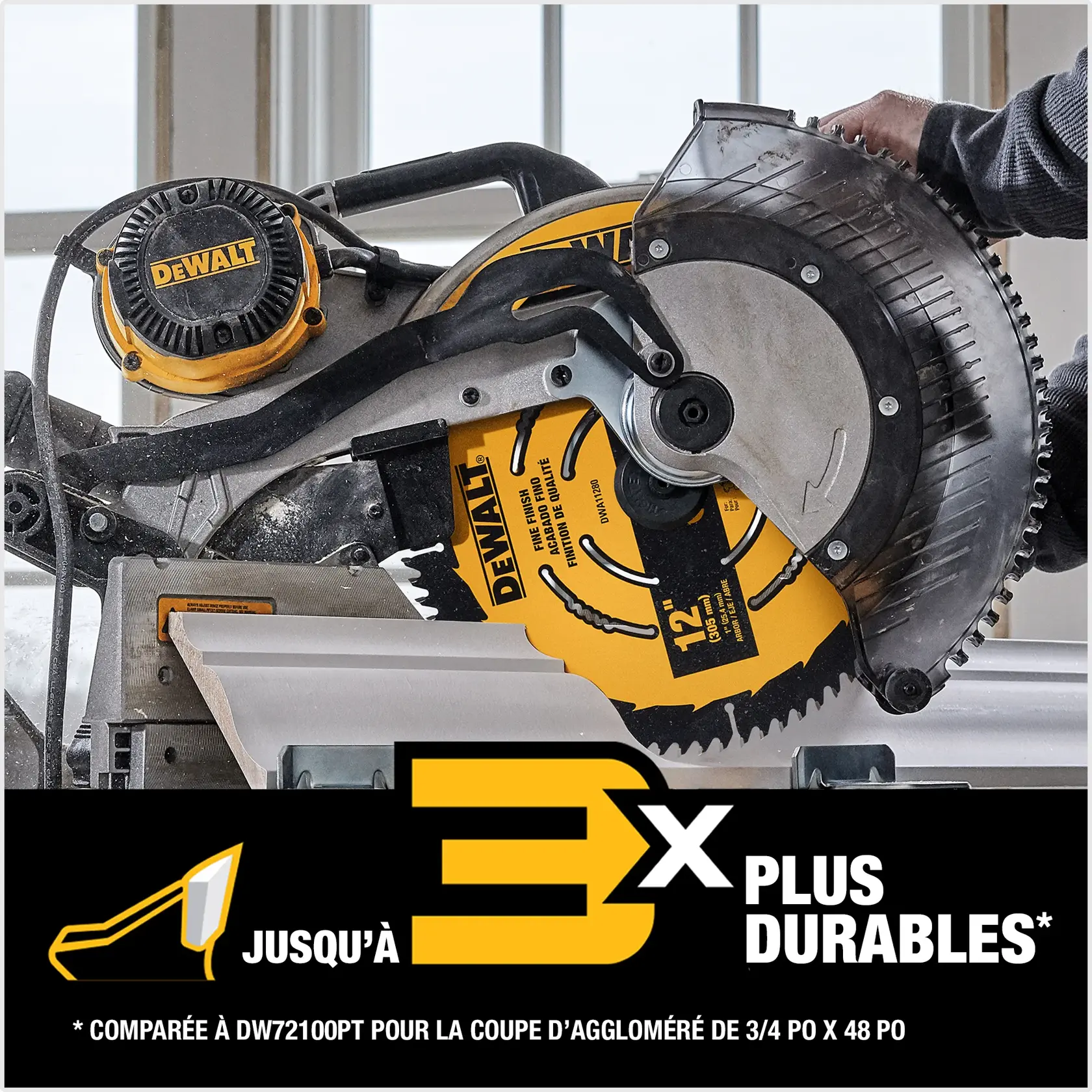 A yellow DEWALT 12-inch circular saw blade featuring 100 carbide teeth. The blade is labeled for ultra fine finish cutting, and specifications such as 305 mm diameter and 25.4 mm arbor hole are indicated. Various warnings and instructions are printed on the blade surface.